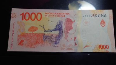 【世界钱币】精选微拍第64期暨2023年第十一期 裸钞专场（有最新展会卖剩品种） 阿根廷1000比索 全新绝品尾号507