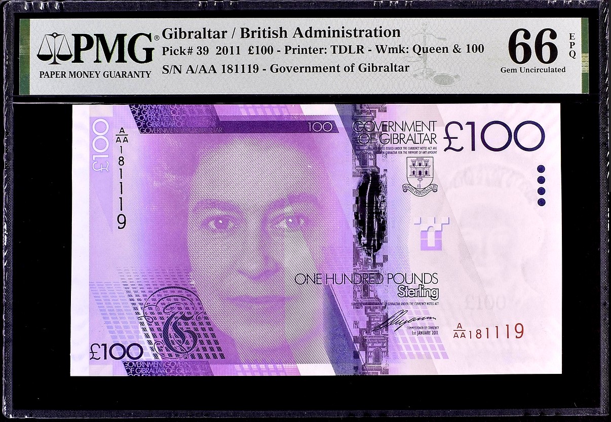 【Blue Auction】✨世界纸币精拍第344期——周日畅拍场【精】 【AAA首发冠倒置号少见】直布罗陀 2011年100镑 女王 最高值 PMG66EPQ 
