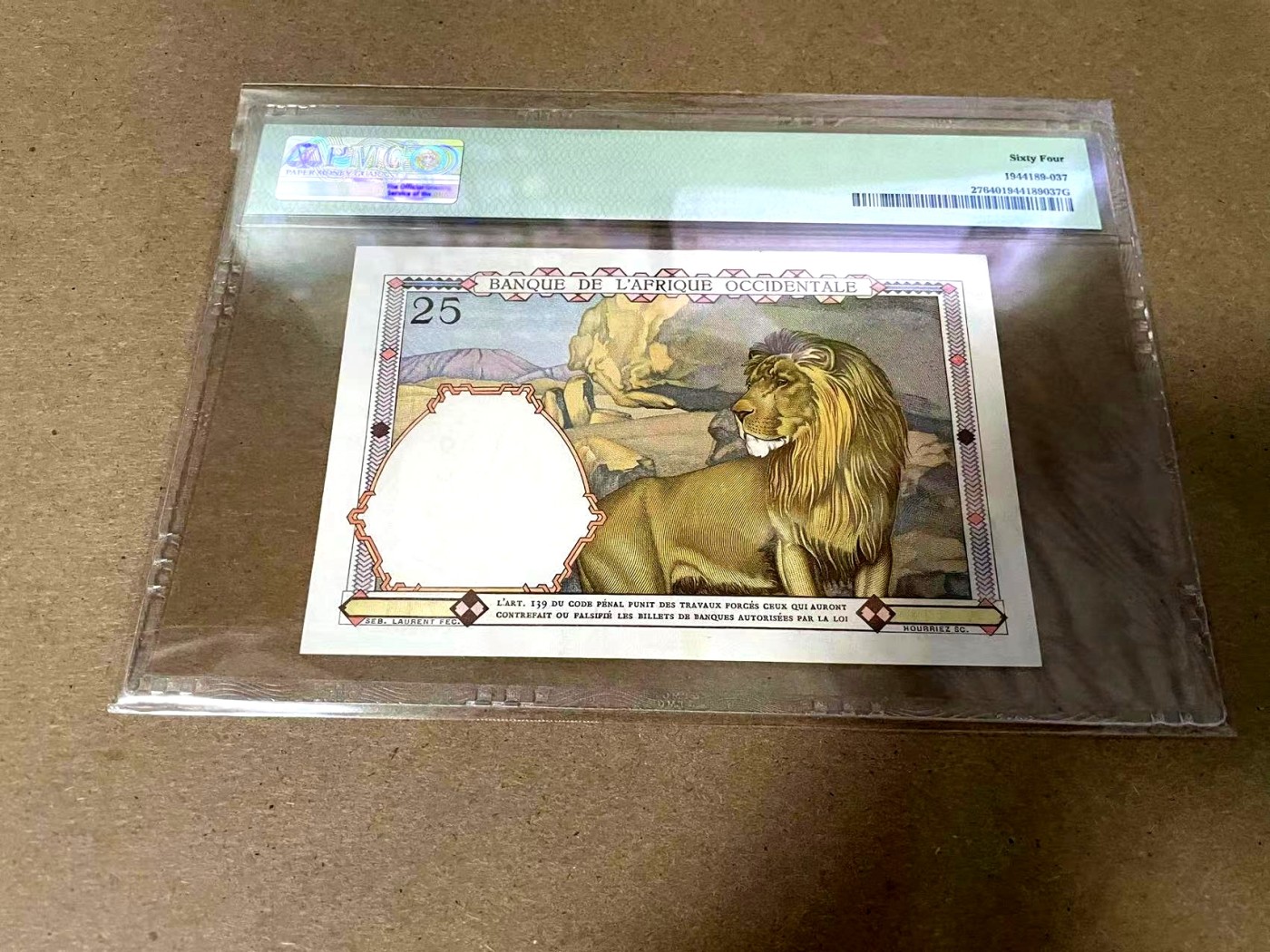 【Blue Auction】✨世界纸币精拍第344期——周日畅拍场【精】 法属西非 1942年25法郎 大金狮 PMG64 