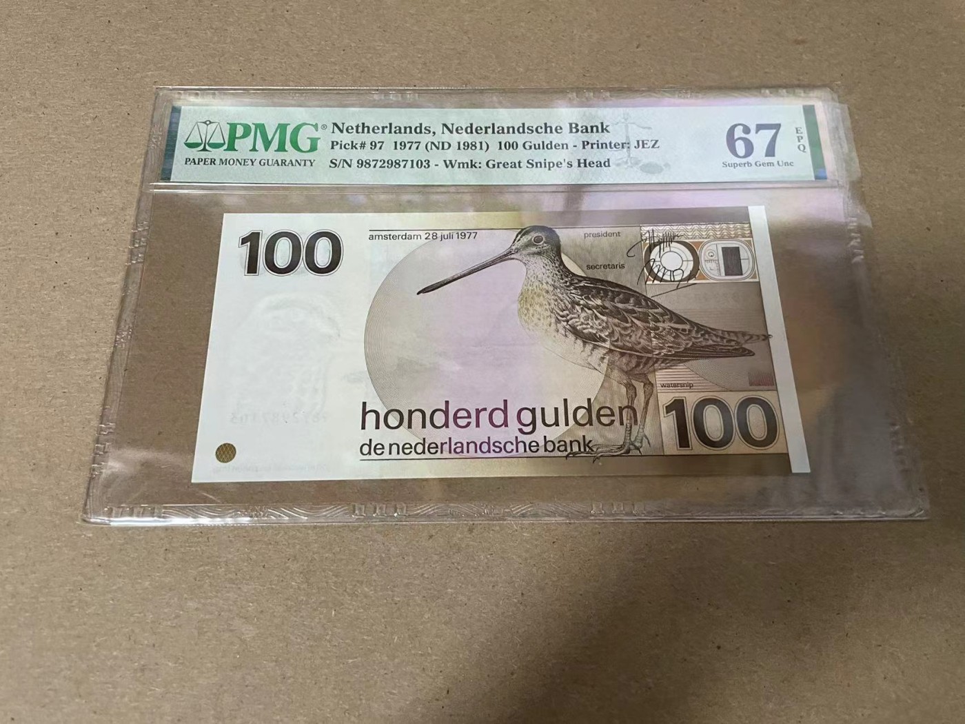 【Blue Auction】✨世界纸币精拍第344期——周日畅拍场【精】 荷兰 1977年100盾 PMG67EPQ  水鸟