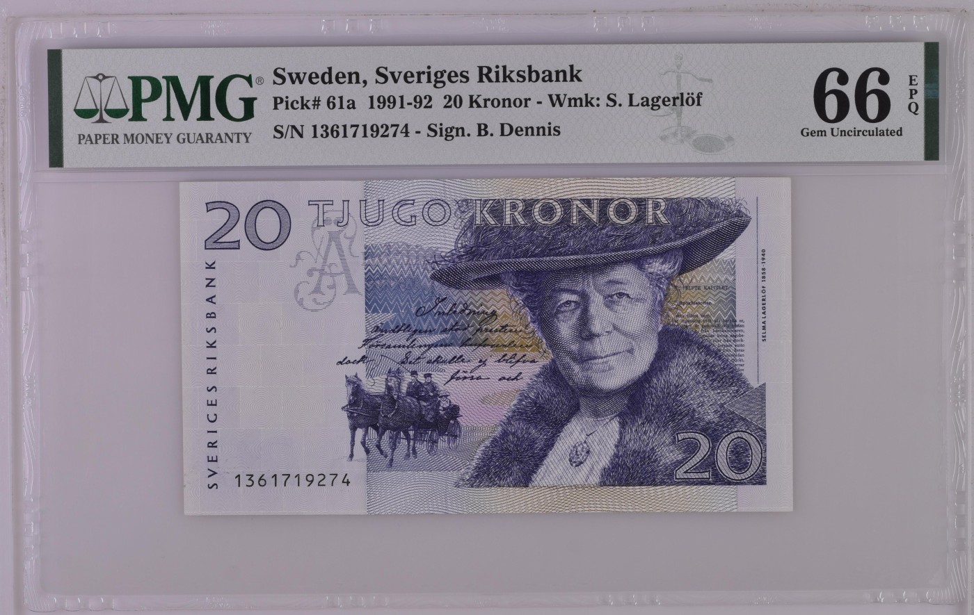 紫瑗钱币——第306期拍卖 【PMG 66EPQ】瑞典 1991-92年 骑鹅旅行记 20克朗 (P-61a）