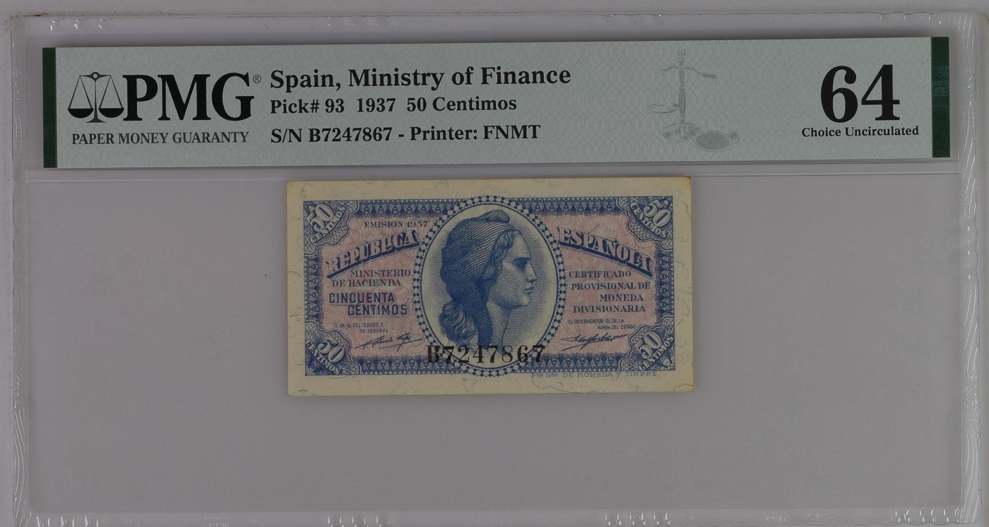 紫瑗钱币——第306期拍卖 【PMG 64】西班牙 1937年 第二共和国 财政部 50分 (P-94a)