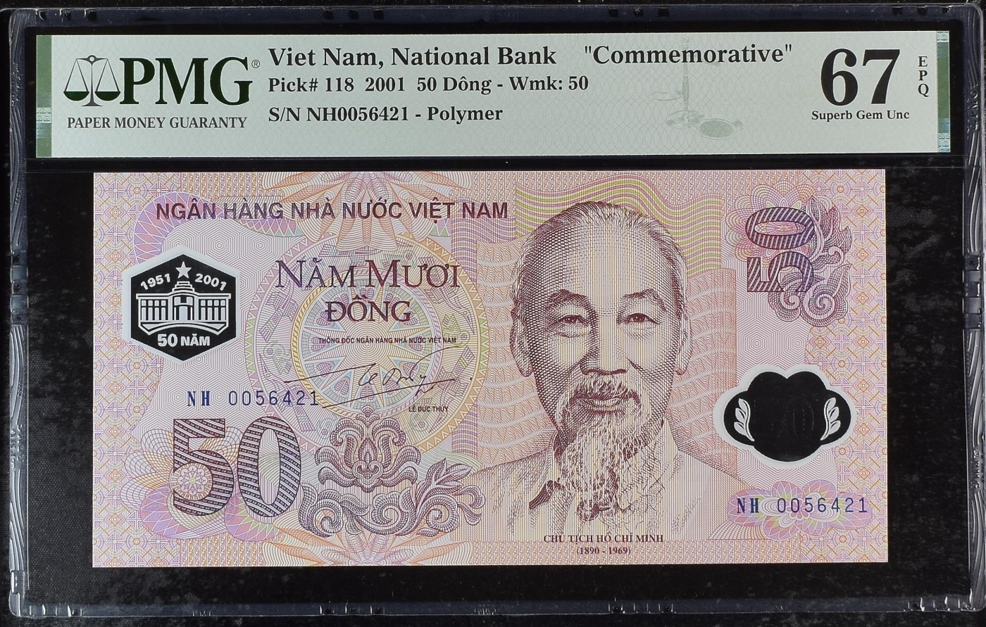 紫瑗钱币——第306期拍卖 【PMG 67EPQ】越南 2001年 中央银行成立50周年 50盾 纪念钞 (P-118)