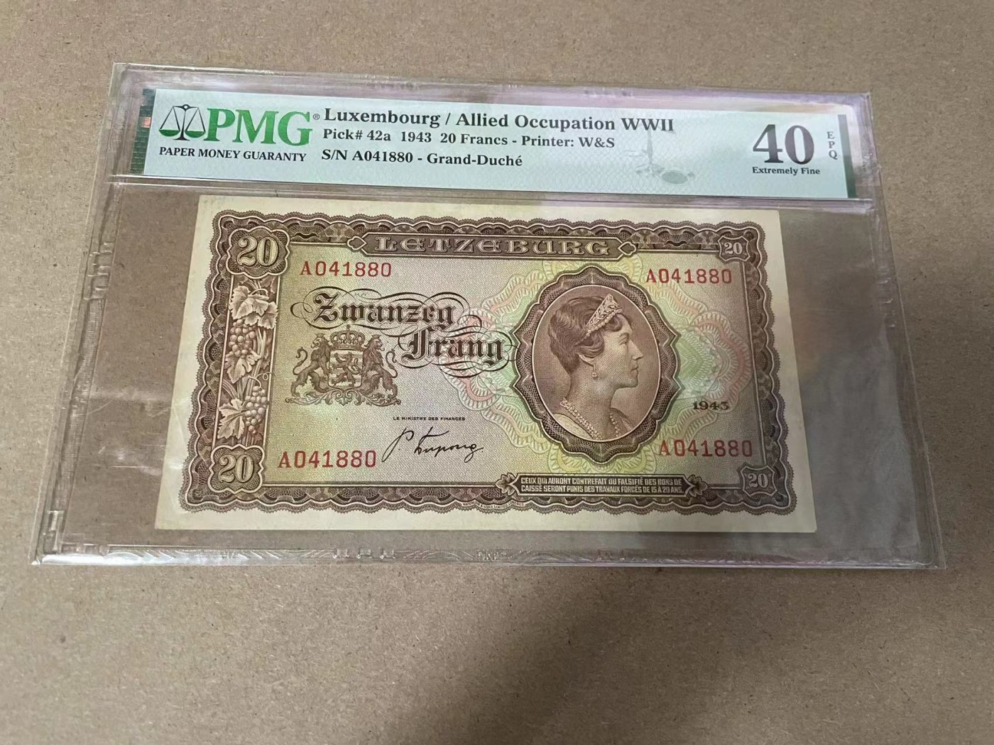 【Blue Auction】✨世界纸币精拍第344期——周日畅拍场【精】 卢森堡 1943年20法郎 PMG40EPQ 女大公 A冠