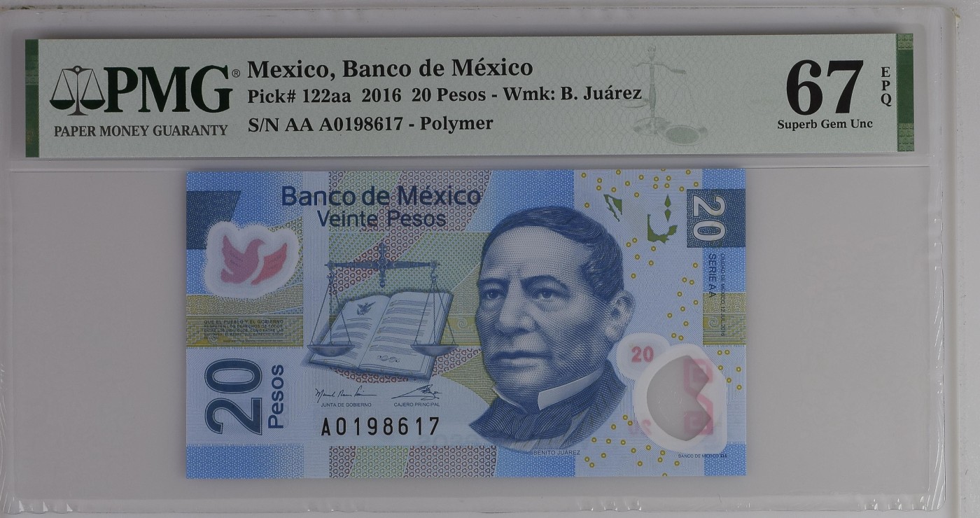 紫瑗钱币——第306期拍卖 【首发A冠 PMG 67EPQ】墨西哥 2016年 墨西哥银行 20比索 （P-122aa）