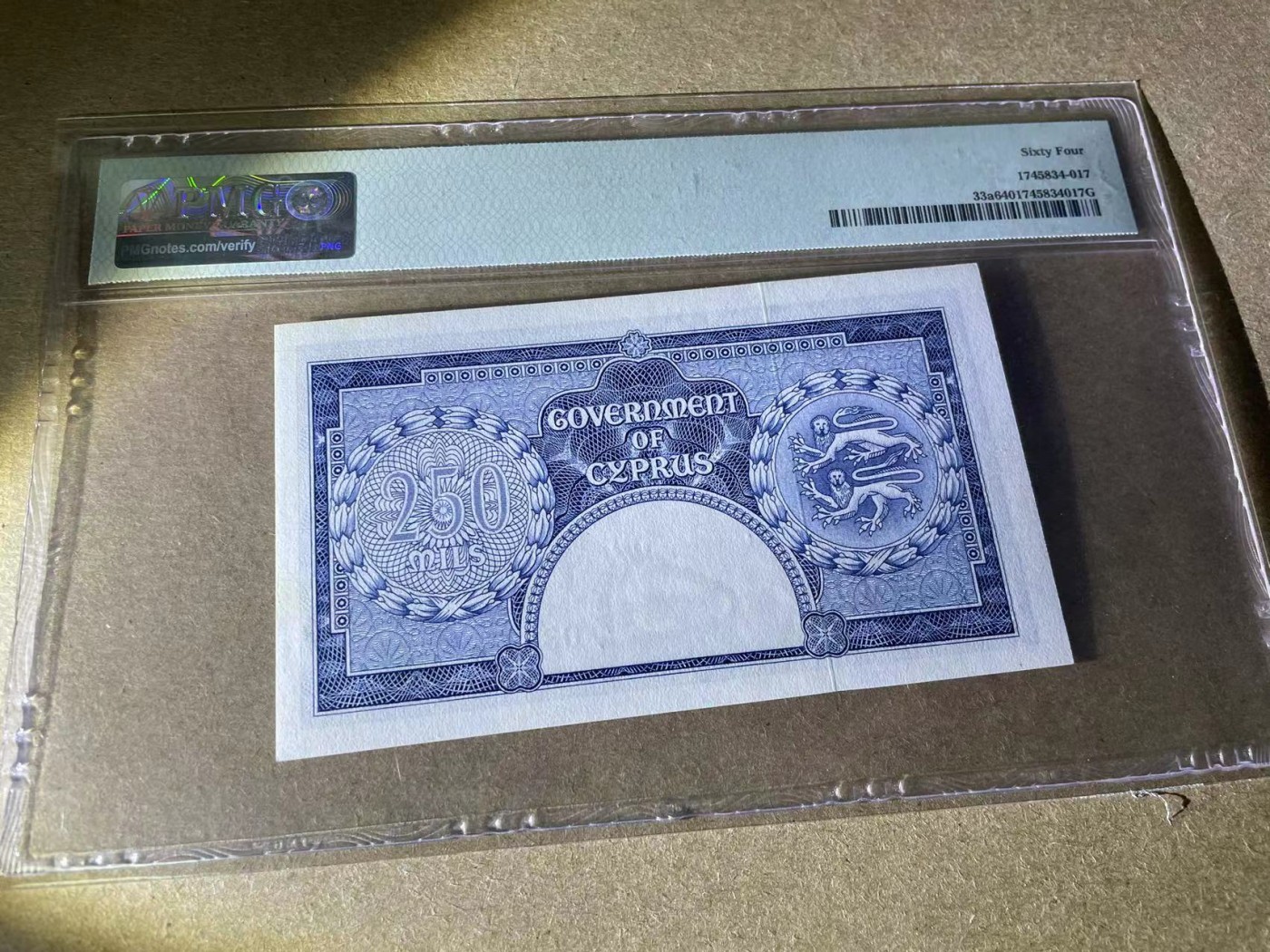 【Blue Auction】✨世界纸币精拍第344期——周日畅拍场【精】 【状态好】塞浦路斯 1956年250米尔 大冠女王 PMG64 全新品相 非常清新耐看 BWC出品