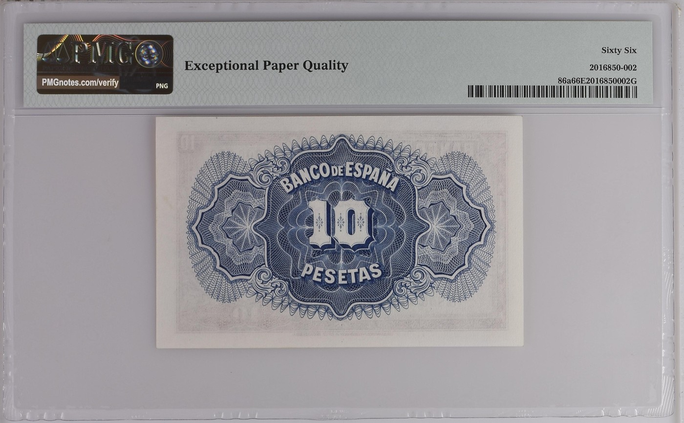 紫瑗钱币——第306期拍卖 【PMG 66EPQ】西班牙 1935(1936) 年 西班牙银行 女神 10比塞塔 (86a) BWC出品