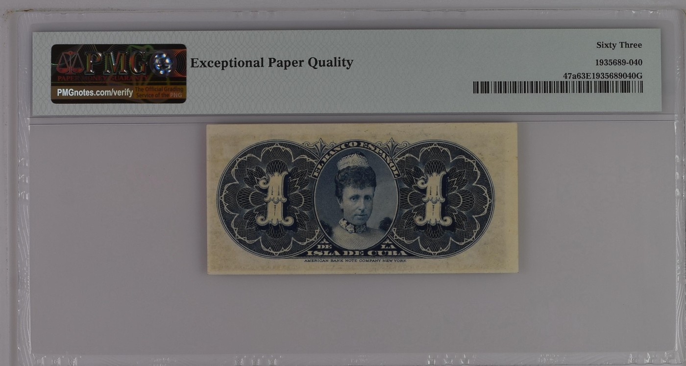 紫瑗钱币——第306期拍卖 【PMG 63EPQ】古巴 1896年 古巴西班牙银行 妇女 1比索 (P-47a) ABNC印刷