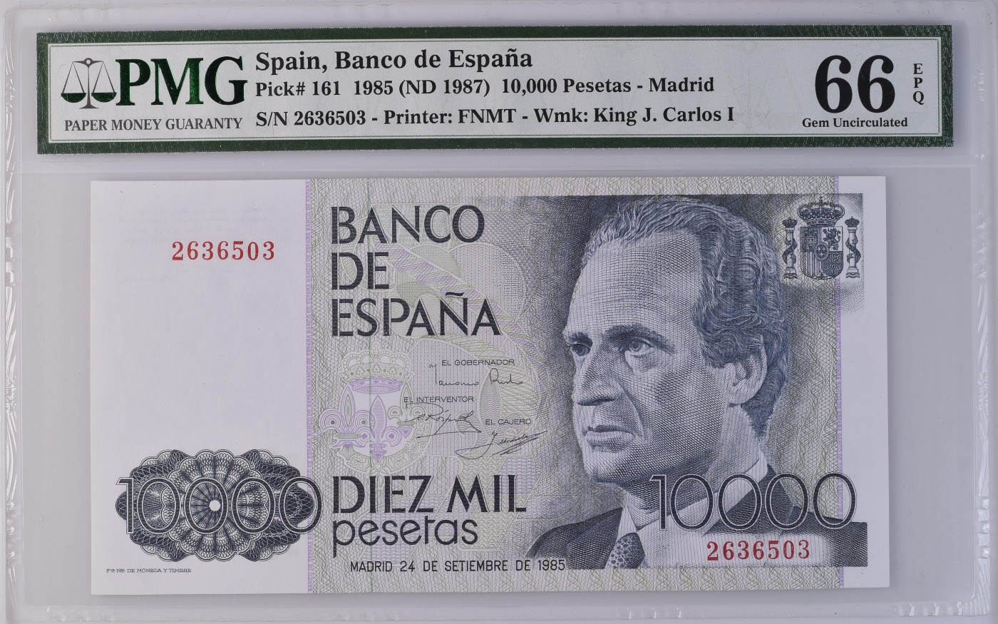 紫瑗钱币——第306期拍卖 【PMG 66EPQ】西班牙 1985(1987)年 西班牙银行 卡洛斯一世 10000比塞塔 (P-161）