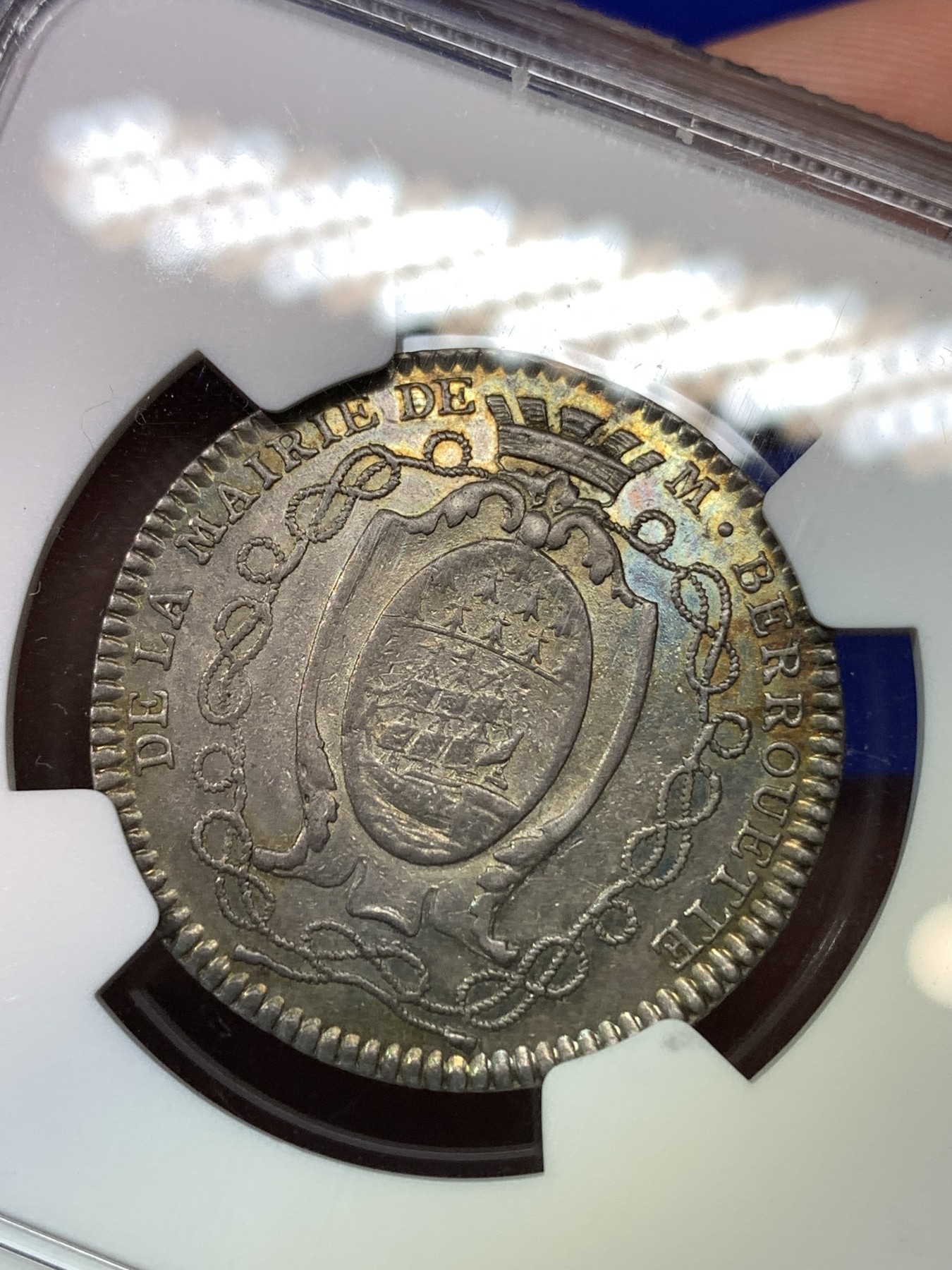 《竞宝斋》八角代币+章牌专场！第182场-周日，周一，周二 3场 (全场包邮) NGC AU53 法国南特1782年 双狮盾牌 银制JETON 好品五彩包浆