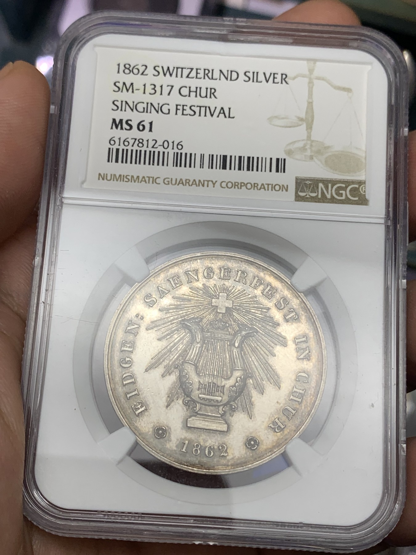 《竞宝斋》八角代币+章牌专场！第182场-周日，周一，周二 3场 (全场包邮)  NGC-MS61 1862 瑞士音乐节 纪念银章 包浆不错 背面绝了