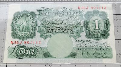 第14次拍卖--英联邦领土硬币、精制银币、纪念币，纸钞 - Bank of England 1960 - 1 Pound, Signature: L. K. O'Brien P369c Good for Collections 