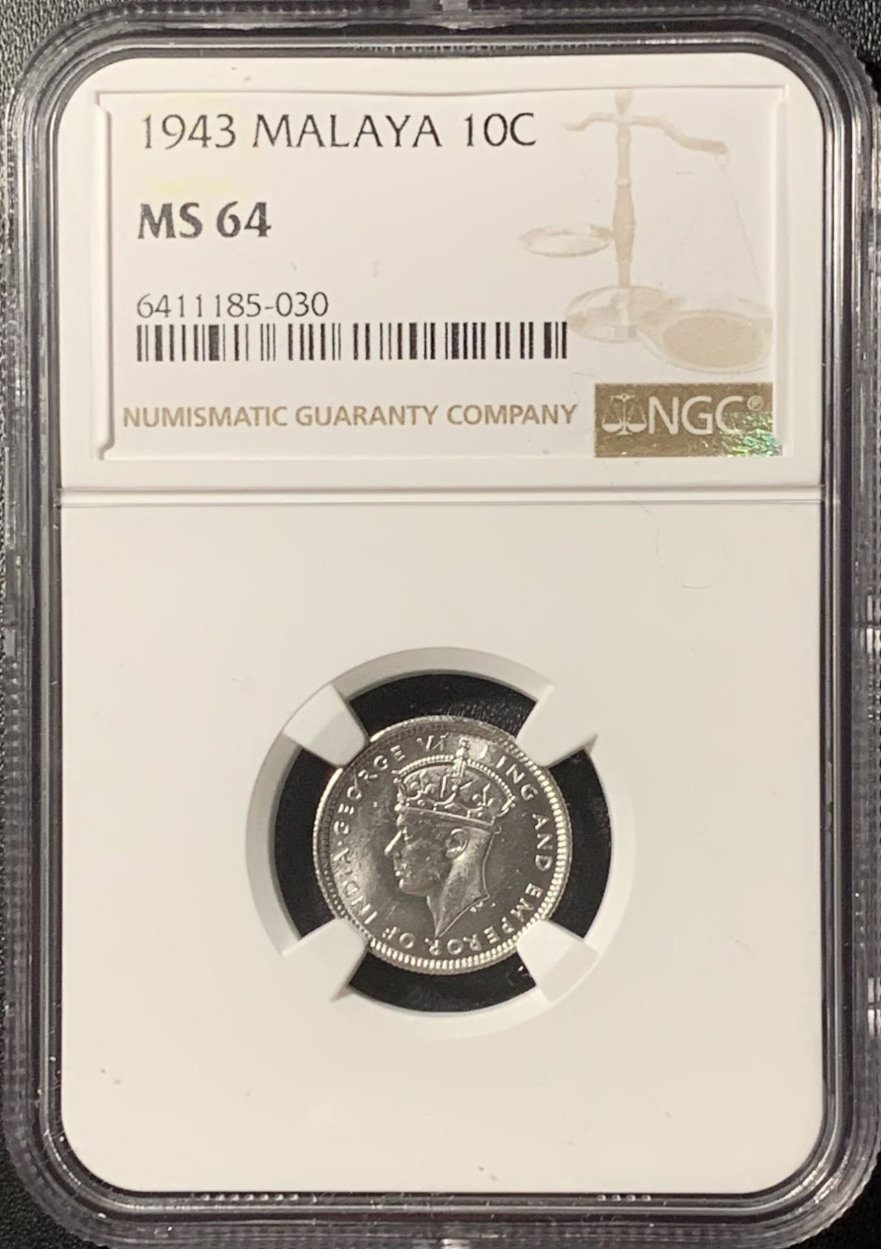 紫瑗钱币——第286期拍卖 马来亚 1943年 乔治六世 10分 银币 NGC MS64