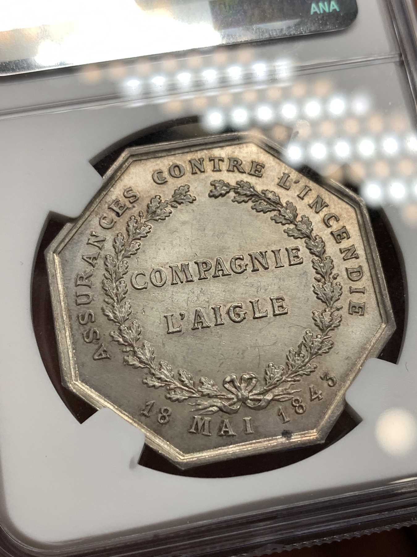 《竞宝斋》八角代币+章牌专场！第182场-周日，周一，周二 3场 (全场包邮) NGC-MS65 1843年法国雄鹰保险公司八角银质代币 顶级品相