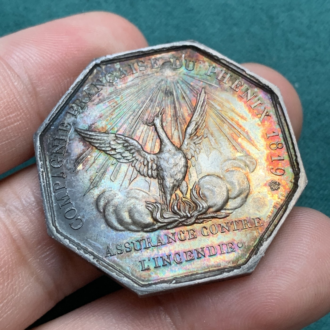 《竞宝斋》八角代币+章牌专场！第182场-周日，周一，周二 3场 (全场包邮) 法国凤凰火灾互助保险公司，23.05g，36mm，蜜蜂边铭，非常漂亮的红紫包浆