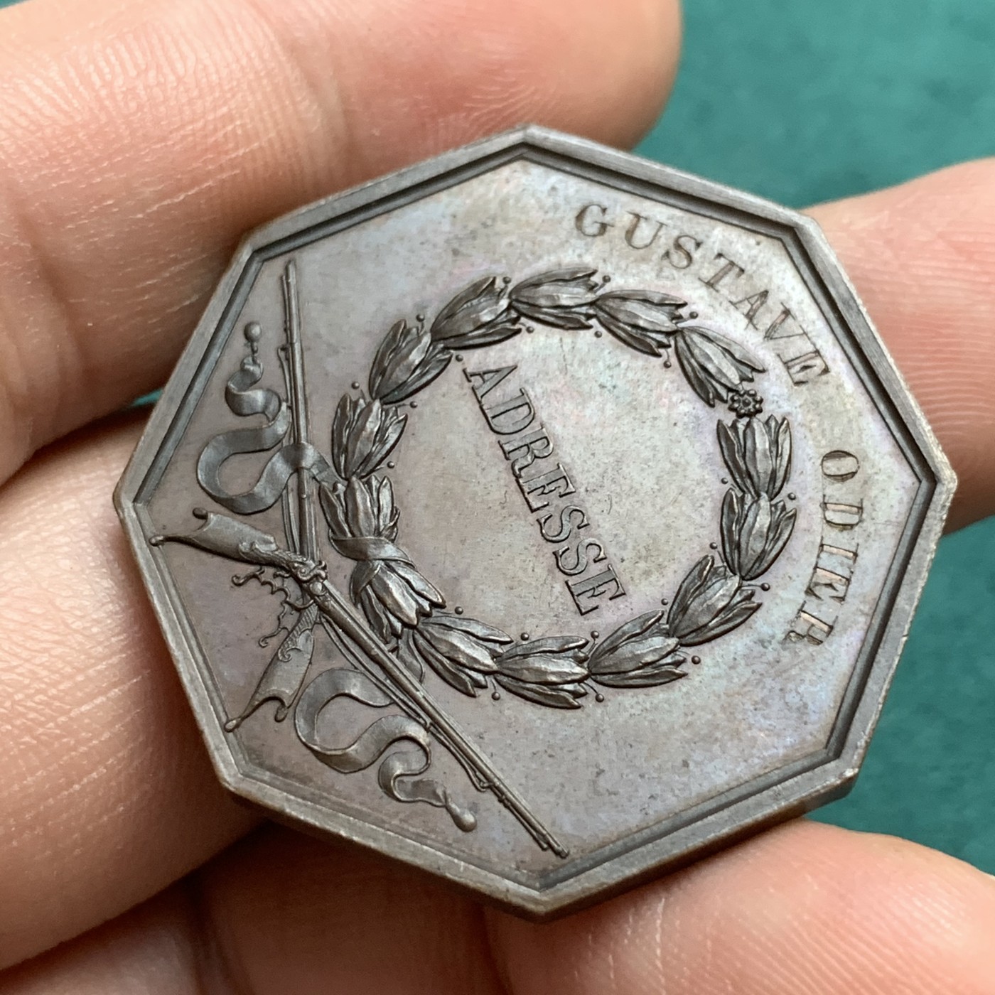 《竞宝斋》八角代币+章牌专场！第182场-周日，周一，周二 3场 (全场包邮) 法国巴黎宪兵队八角红铜代币，18.03g，34.7mm，无戳记，边道割手