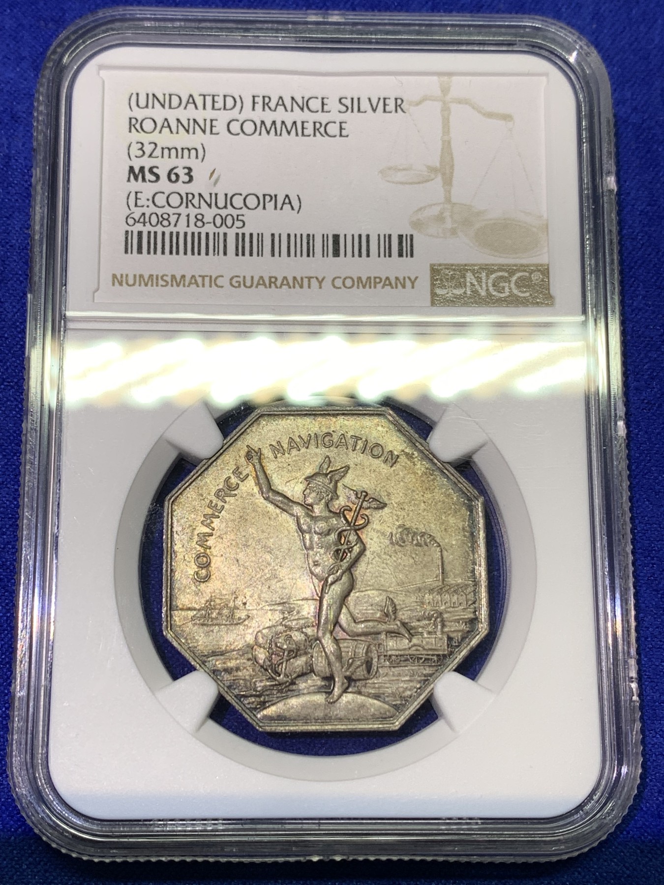 《竞宝斋》八角代币+章牌专场！第182场-周日，周一，周二 3场 (全场包邮) NGC-MS63 法国罗纳商会八角银质代币，奔跑的墨丘利