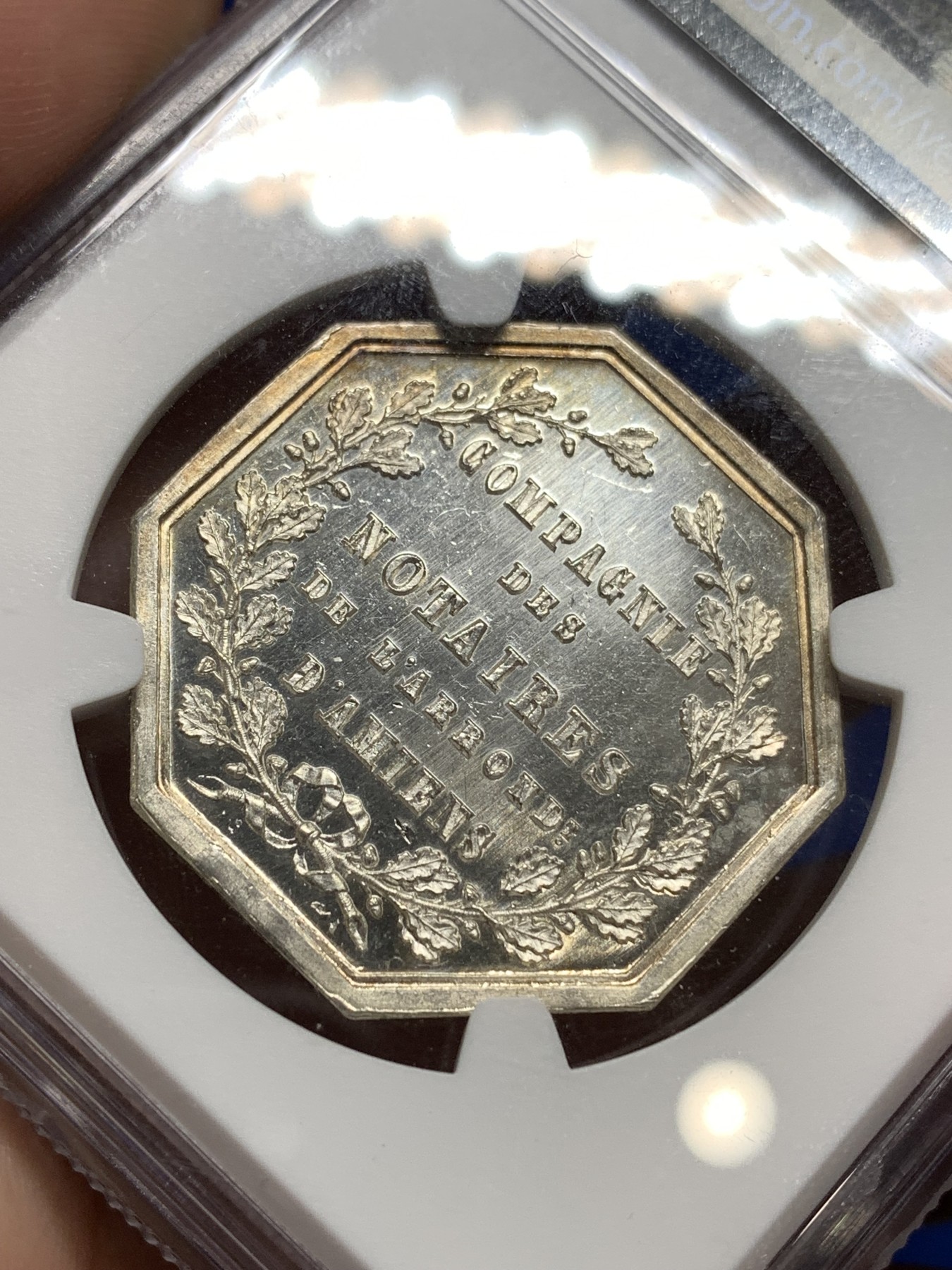 《竞宝斋》八角代币+章牌专场！第182场-周日，周一，周二 3场 (全场包邮) NGC-MS64PL镜面 1854年法国亚眠公证处八角银章代用币