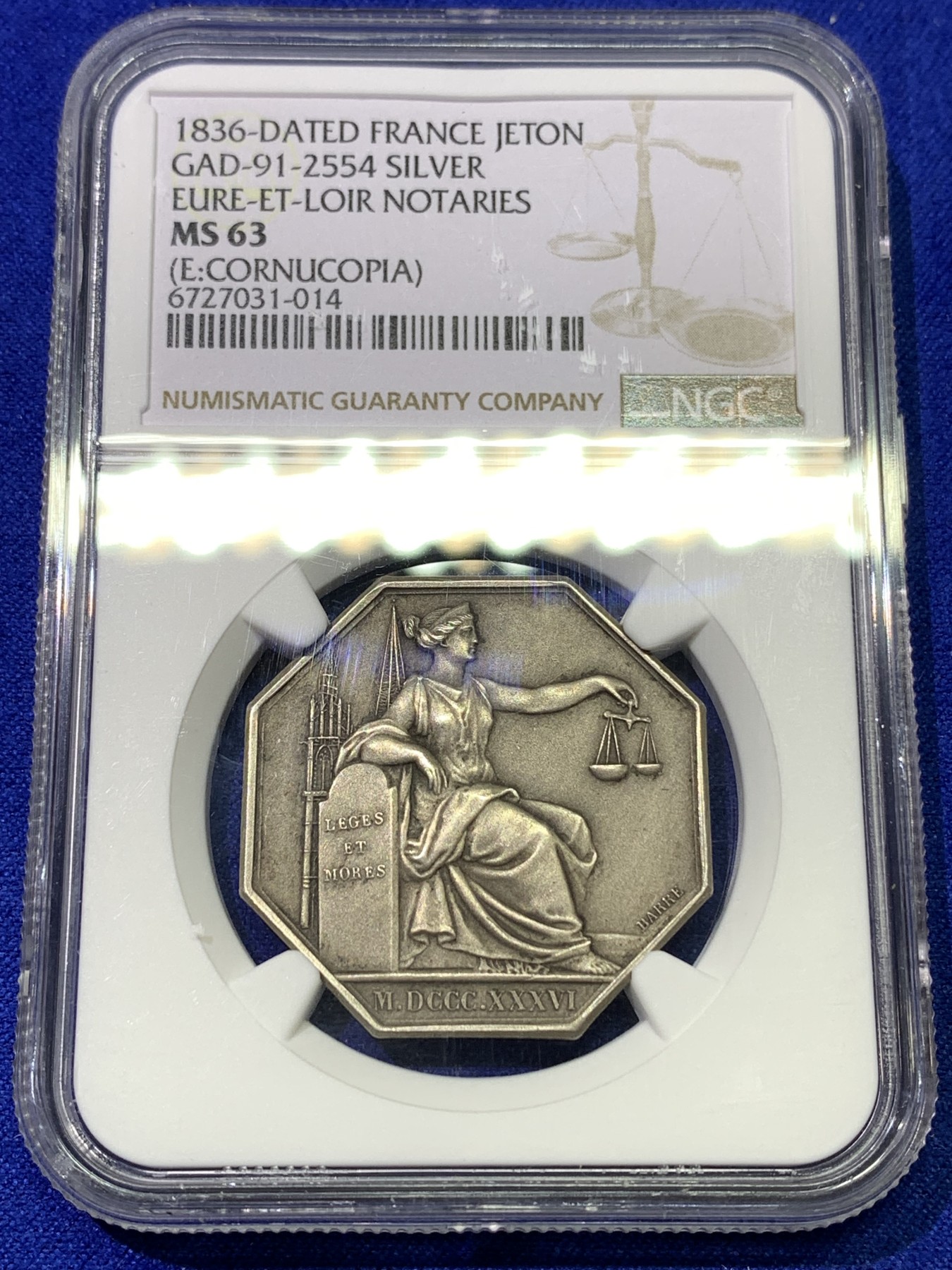 《竞宝斋》八角代币+章牌专场！第182场-周日，周一，周二 3场 (全场包邮) NGC-MS63 1836 法国 卢瓦尔公证处八角银章 磨砂质感非常不错