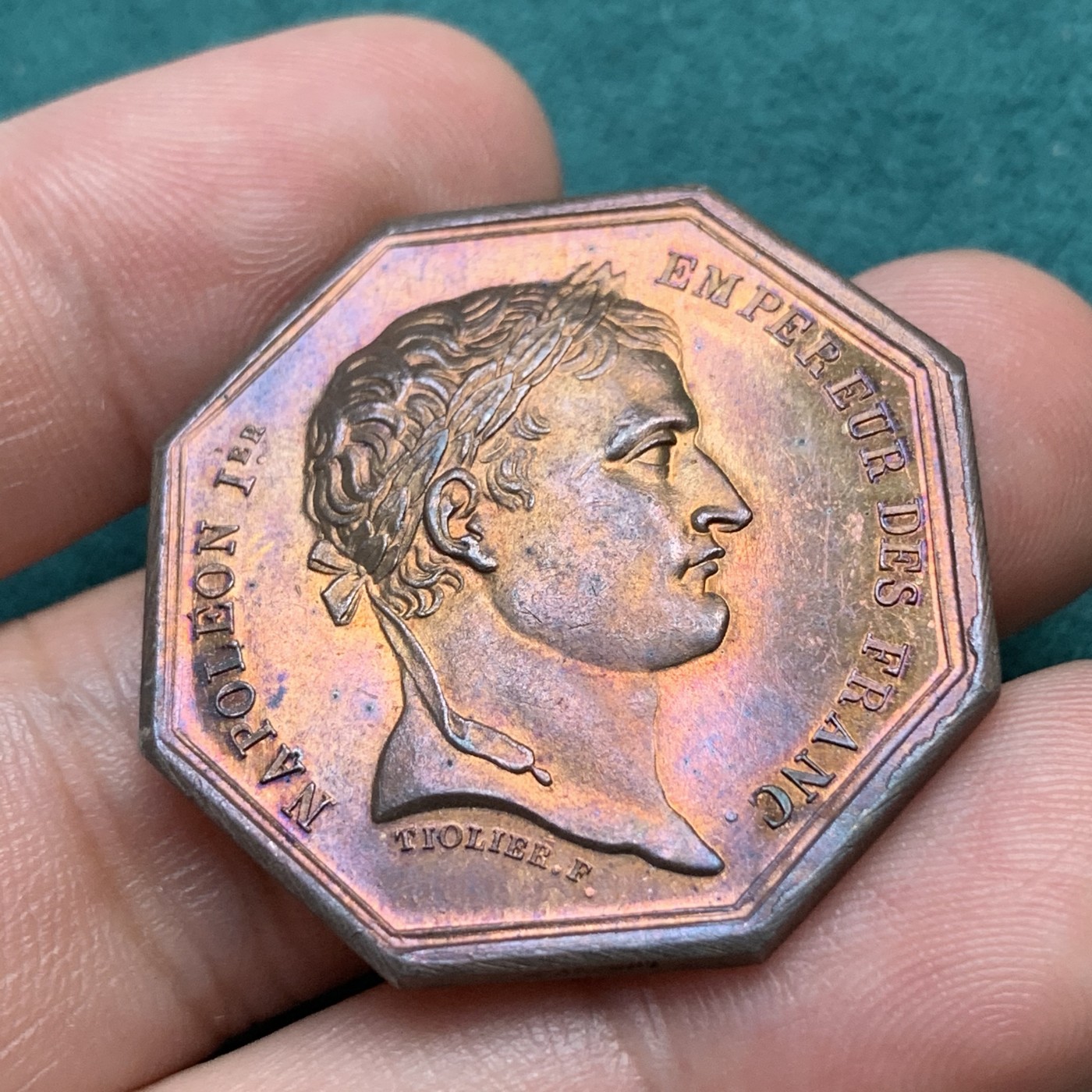 《竞宝斋》八角代币+章牌专场！第182场-周日，周一，周二 3场 (全场包邮) 法国八角银质jeton，塞纳河地区公证处，拿破仑大帝，16.01g，33.6mm，手指边铭金黄带紫包浆