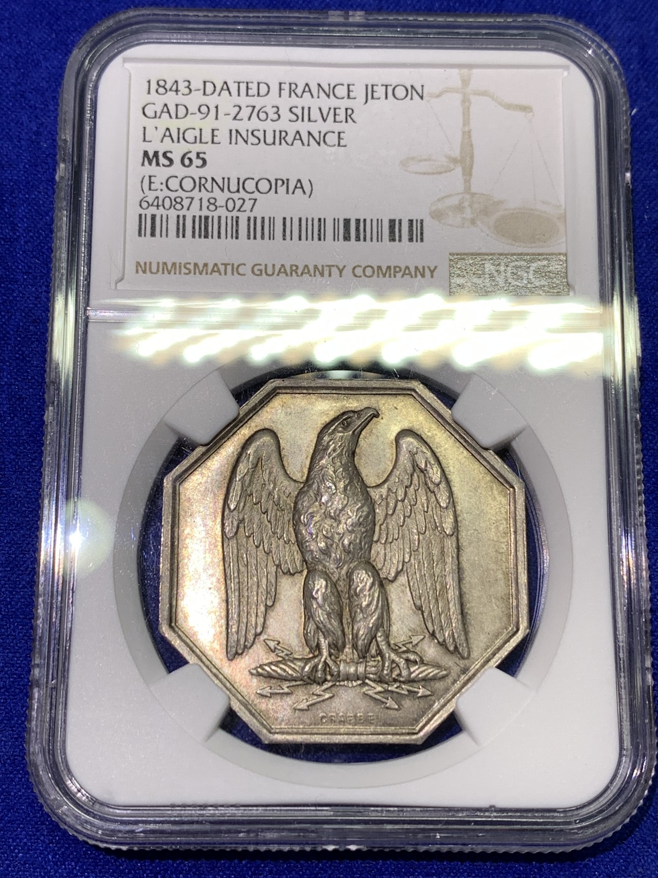 《竞宝斋》八角代币+章牌专场！第182场-周日，周一，周二 3场 (全场包邮) NGC-MS65 1843年法国雄鹰保险公司八角银质代币 顶级品相
