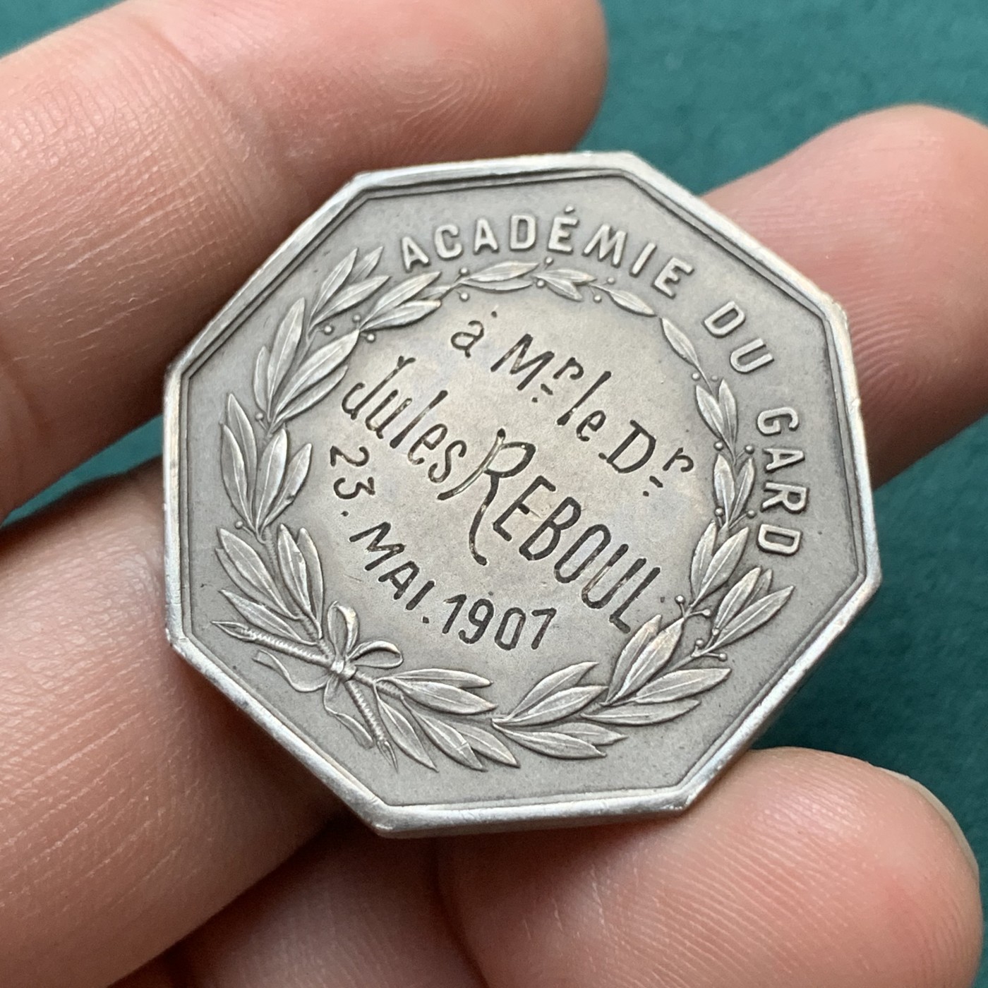 《竞宝斋》八角代币+章牌专场！第182场-周日，周一，周二 3场 (全场包邮) 法国八角银质代币jeton，嘉德地区科学与艺术学院，13.90g，32.5mm，丰饶角+1银标