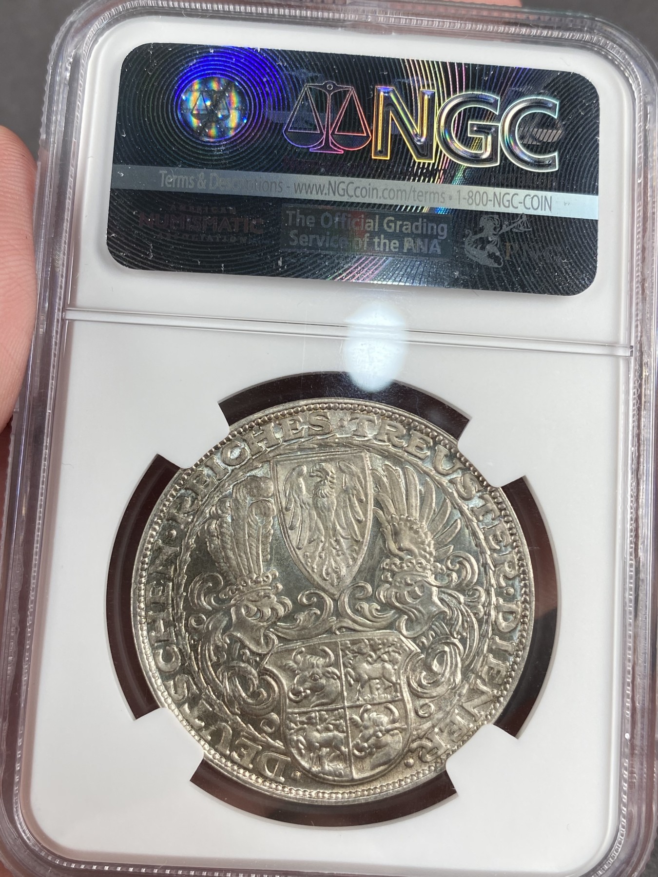 万国钱币拍卖第012期（视频直播专场） NGC MS65 1927年德国魏玛共和国兴登堡80大寿5马克样币币章 炫彩镜面极美