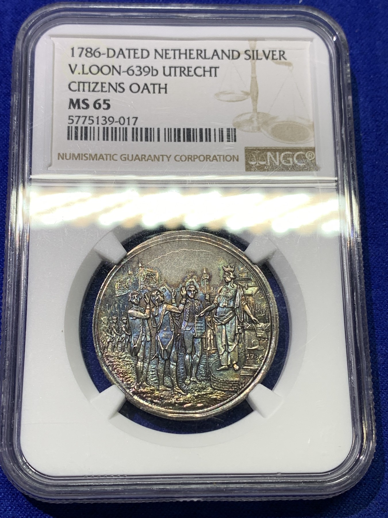 《竞宝斋》八角代币+章牌专场！第182场-周日，周一，周二 3场 (全场包邮) NGC MS65 荷兰 乌特勒支 1786年 五彩银章 极少品种 裸章 22年150美元成交  本拍品MS65 很难超越