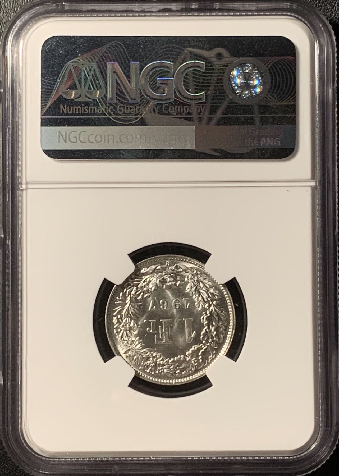 紫瑗钱币——第286期拍卖 瑞士 1967年 B版 赫尔维蒂亚 1法郎 银币 NGC MS64