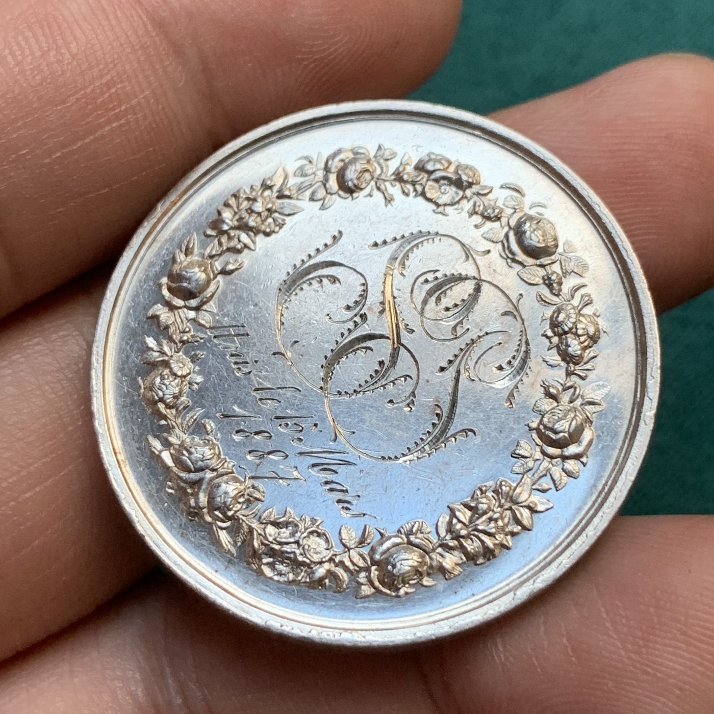 《竞宝斋》八角代币+章牌专场！第182场-周日，周一，周二 3场 (全场包邮) 法国结婚纪念银章，17.89g，34.8mm，丰饶角边铭