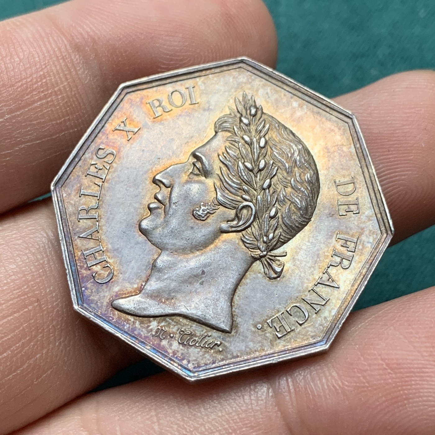 《竞宝斋》八角代币+章牌专场！第182场-周日，周一，周二 3场 (全场包邮) 法国勒阿弗尔商会八角银质jeton，14.55g，31.8mm，早期无边铭