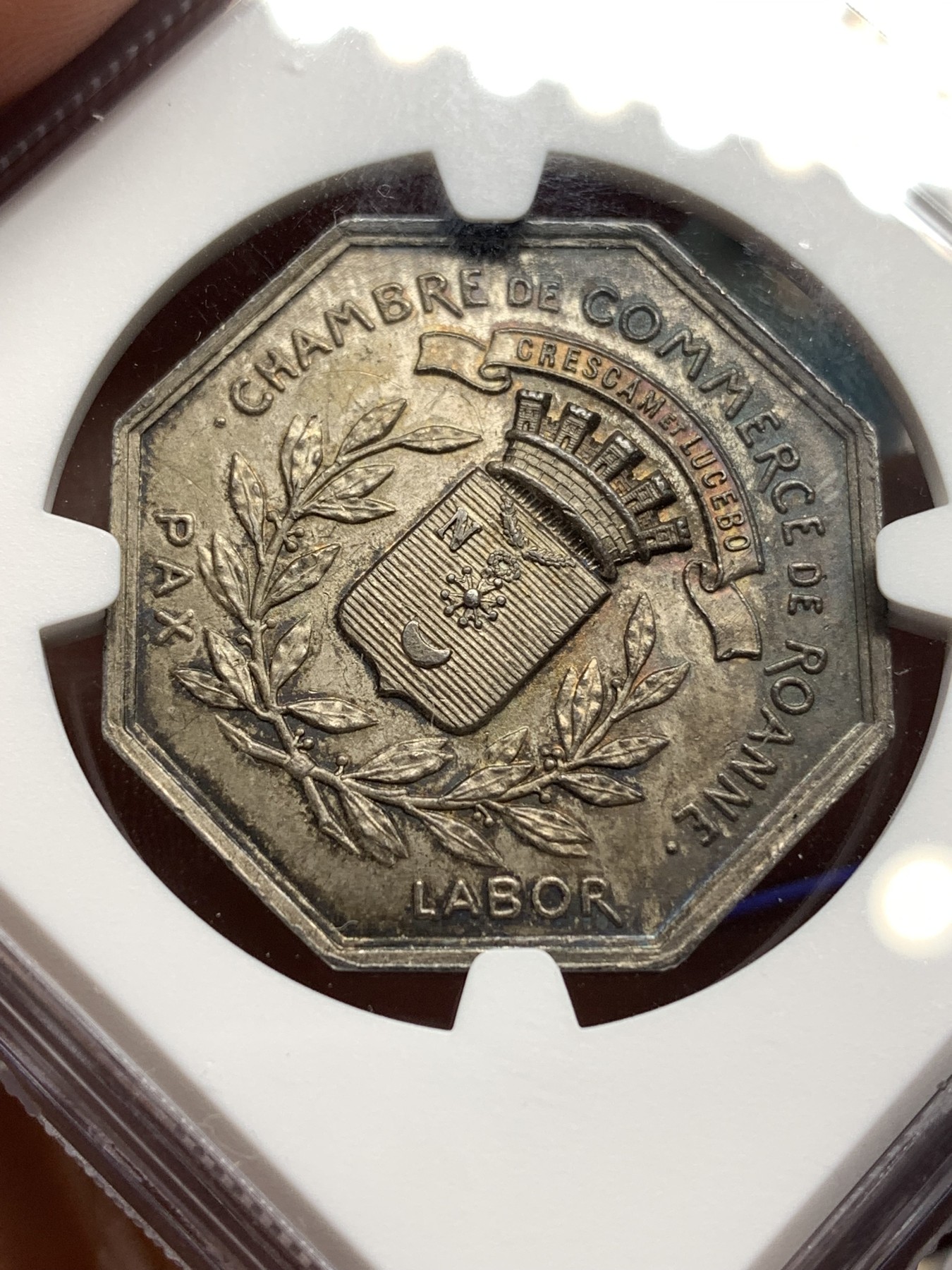 《竞宝斋》八角代币+章牌专场！第182场-周日，周一，周二 3场 (全场包邮) NGC-MS63 法国罗纳商会八角银质代币，奔跑的墨丘利