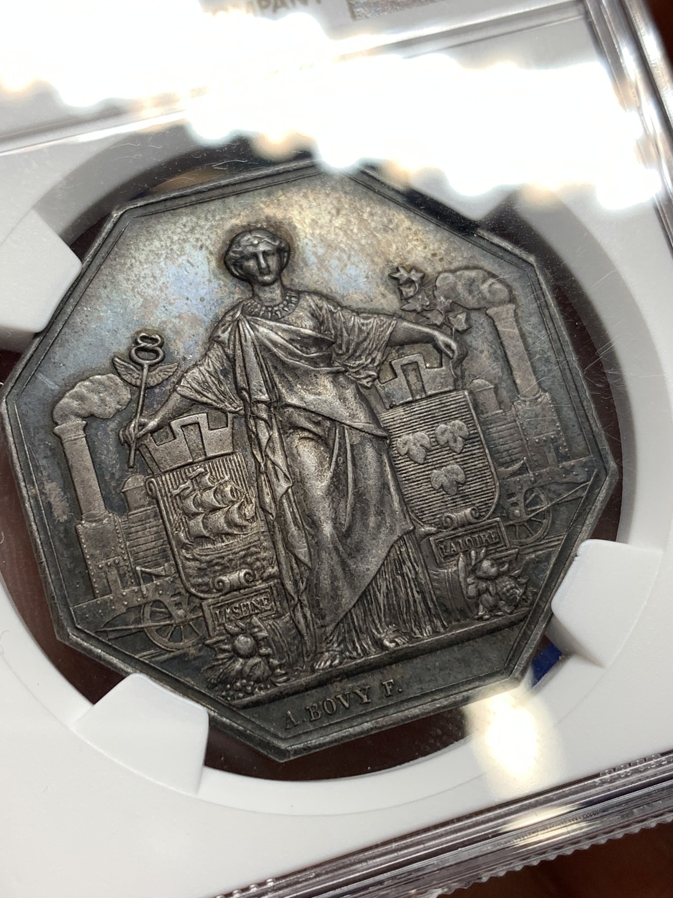 《竞宝斋》八角代币+章牌专场！第182场-周日，周一，周二 3场 (全场包邮) NGC-MS61 法国巴黎奥尔良铁路通车纪念八角银质代币，名家Bovy作品
