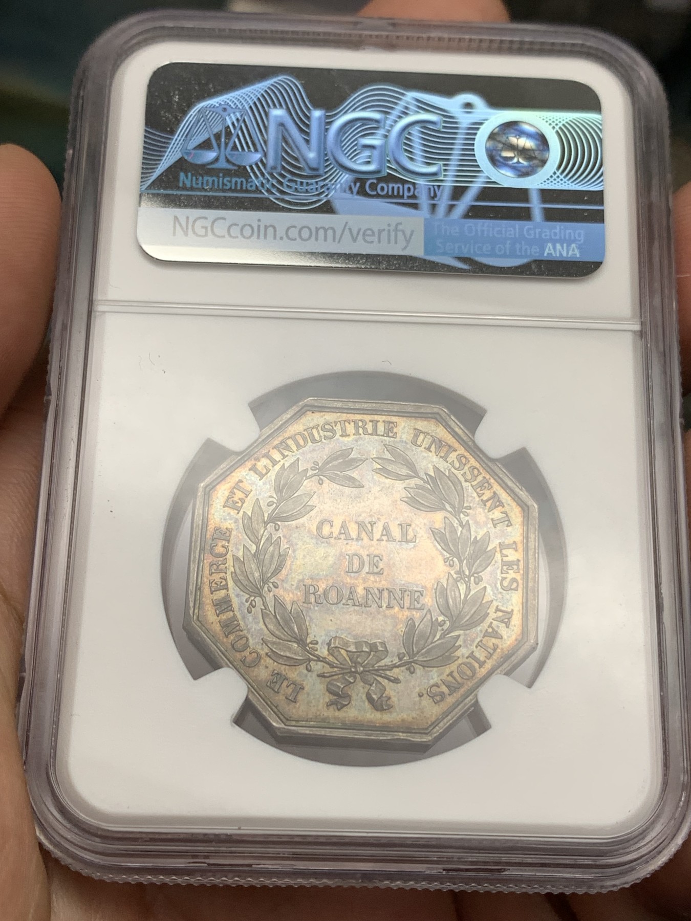 《竞宝斋》八角代币+章牌专场！第182场-周日，周一，周二 3场 (全场包邮) NGC-MS64法国罗纳运河八角银质代币，瑞士名家Bovy作品 1832年之前无边铭