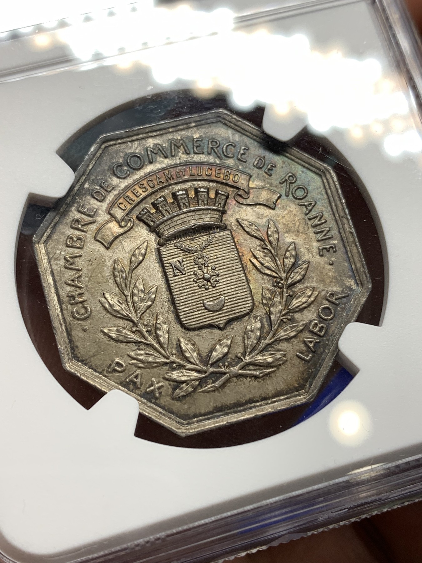 《竞宝斋》八角代币+章牌专场！第182场-周日，周一，周二 3场 (全场包邮) NGC-MS63 法国罗纳商会八角银质代币，奔跑的墨丘利