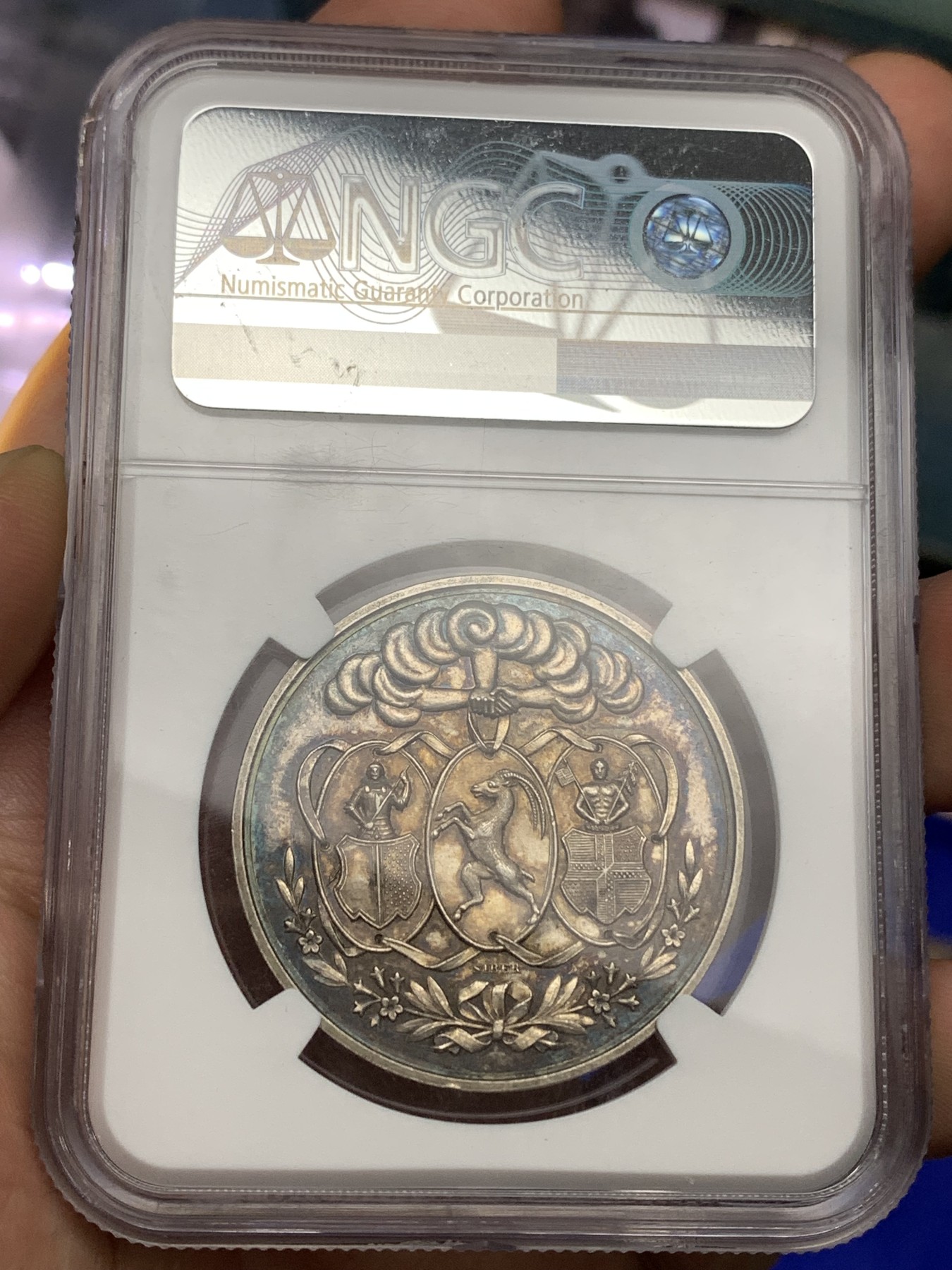 《竞宝斋》八角代币+章牌专场！第182场-周日，周一，周二 3场 (全场包邮)  NGC-MS61 1862 瑞士音乐节 纪念银章 包浆不错 背面绝了