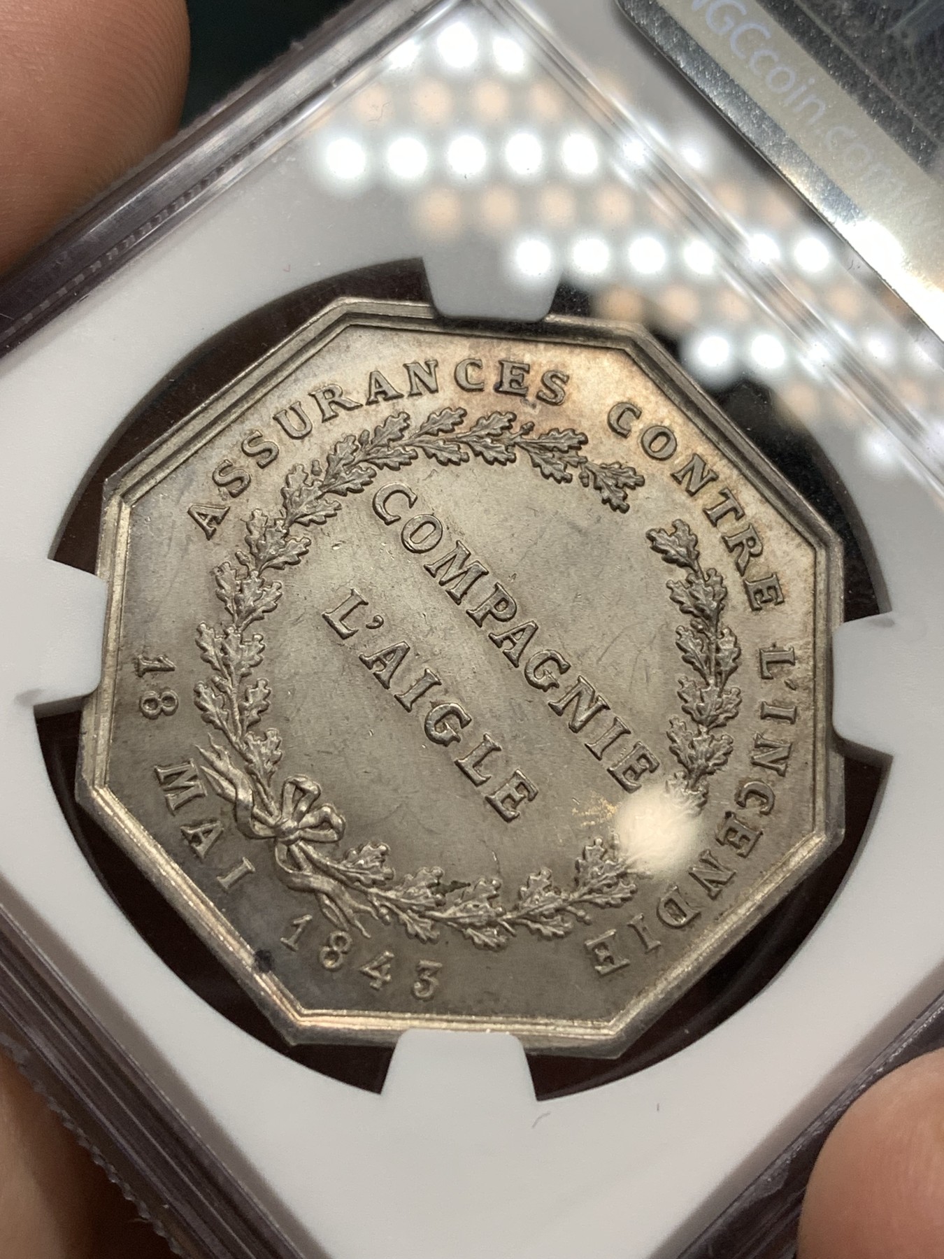 《竞宝斋》八角代币+章牌专场！第182场-周日，周一，周二 3场 (全场包邮) NGC-MS65 1843年法国雄鹰保险公司八角银质代币 顶级品相