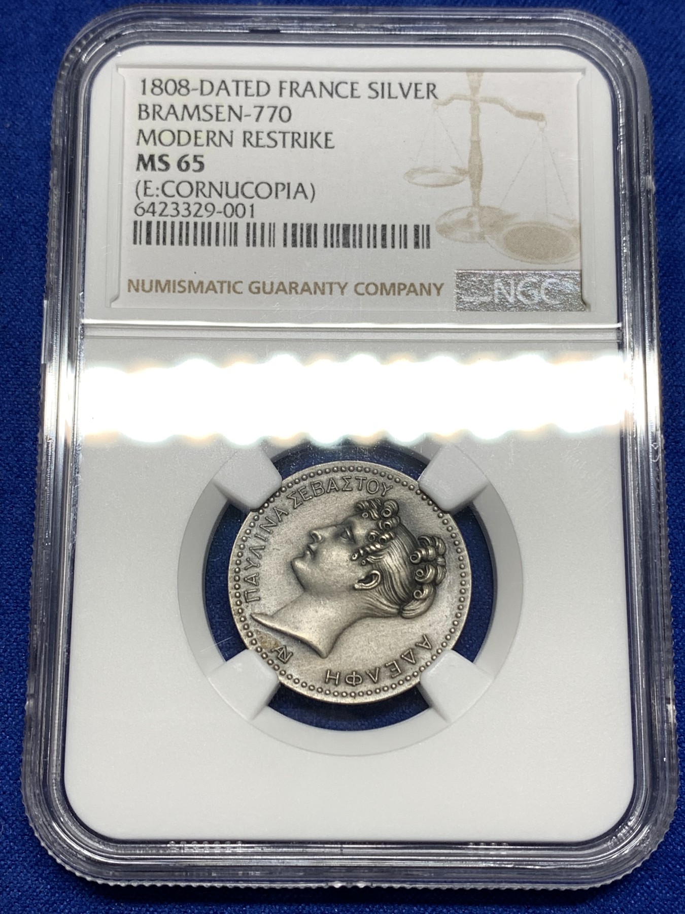 《竞宝斋》八角代币+章牌专场！第182场-周日，周一，周二 3场 (全场包邮) NGC-MS65 拿破仑妹妹波丽娜银质代币，背面惠美三女神，上周四同样的MS62拍了1650