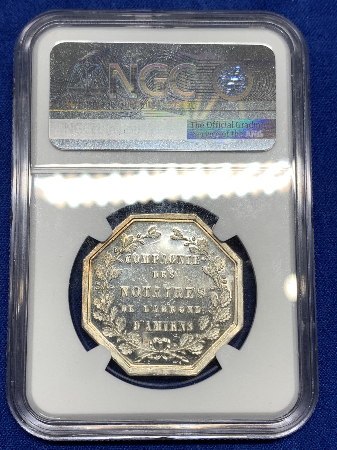 《竞宝斋》八角代币+章牌专场！第182场-周日，周一，周二 3场 (全场包邮) NGC-MS64PL镜面 1854年法国亚眠公证处八角银章代用币