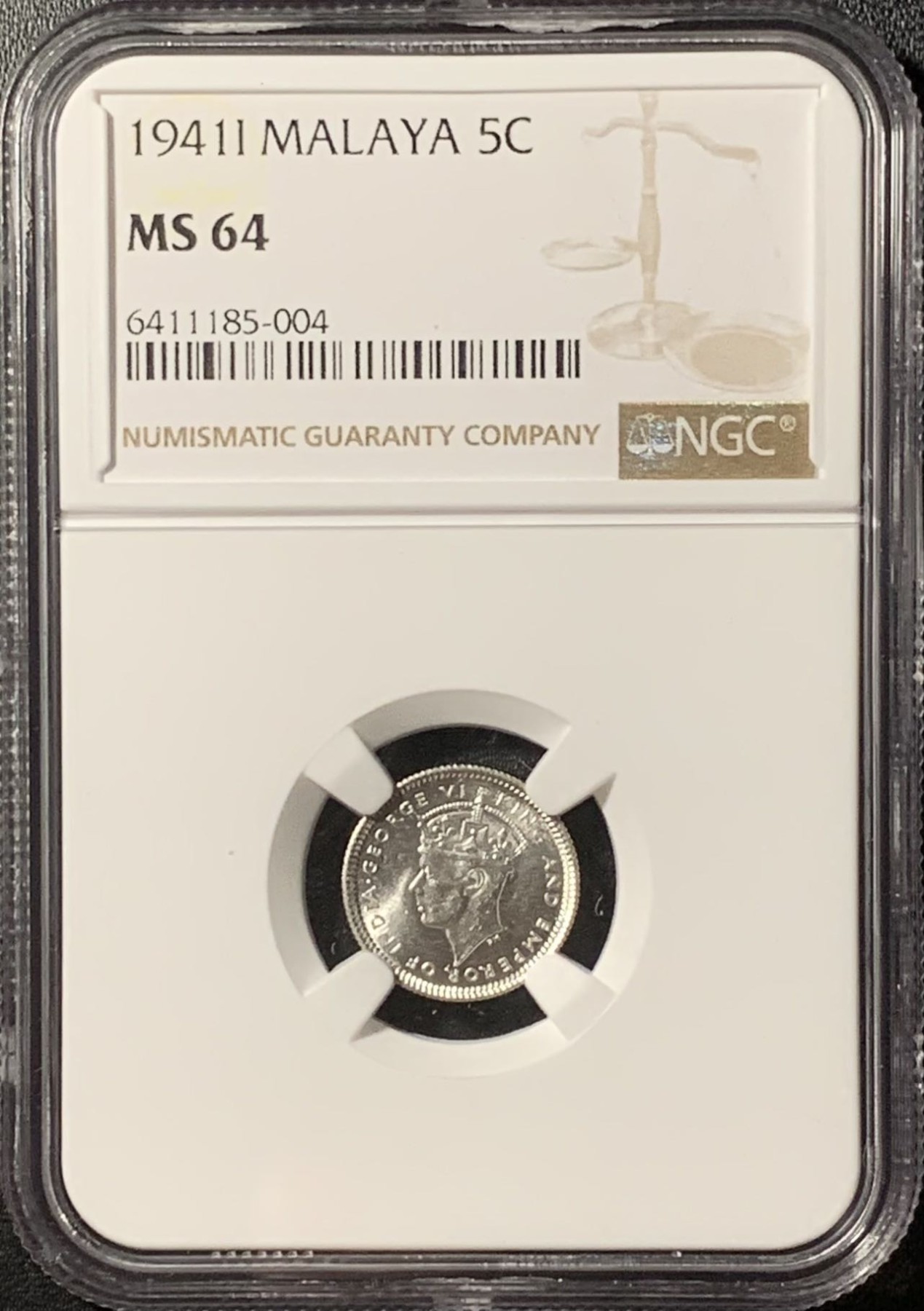 紫瑗钱币——第286期拍卖 马来亚 1941年 i版 乔治六世 5分 银币 NGC MS64