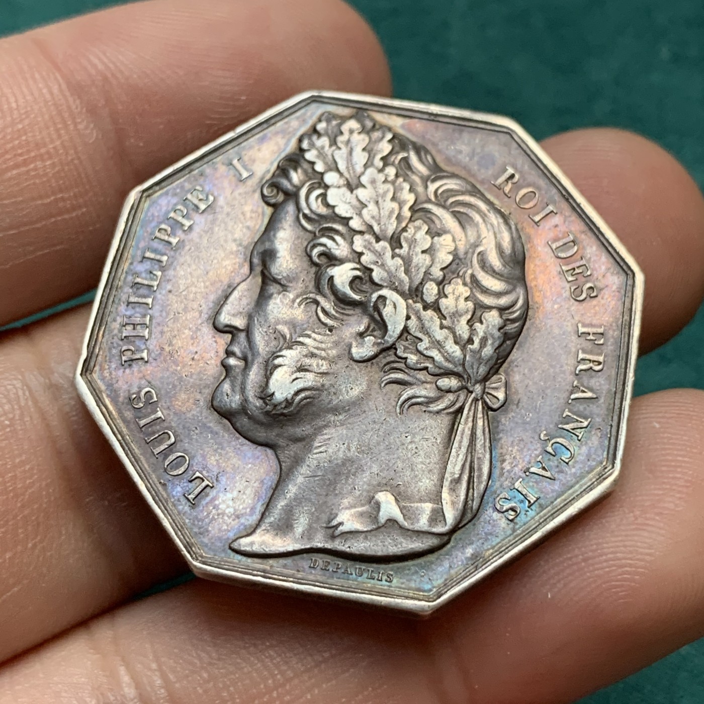 《竞宝斋》八角代币+章牌专场！第182场-周日，周一，周二 3场 (全场包邮) 法国八角银章，里尔公证处，18.32g，34.7mm，船首边铭（1842-1845）