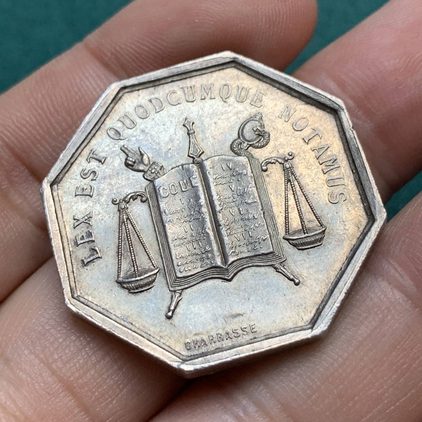 《竞宝斋》八角代币+章牌专场！第182场-周日，周一，周二 3场 (全场包邮) 法国八角银质jeton代币，里昂公证人，14.26g，32.8mm，蜜蜂边铭