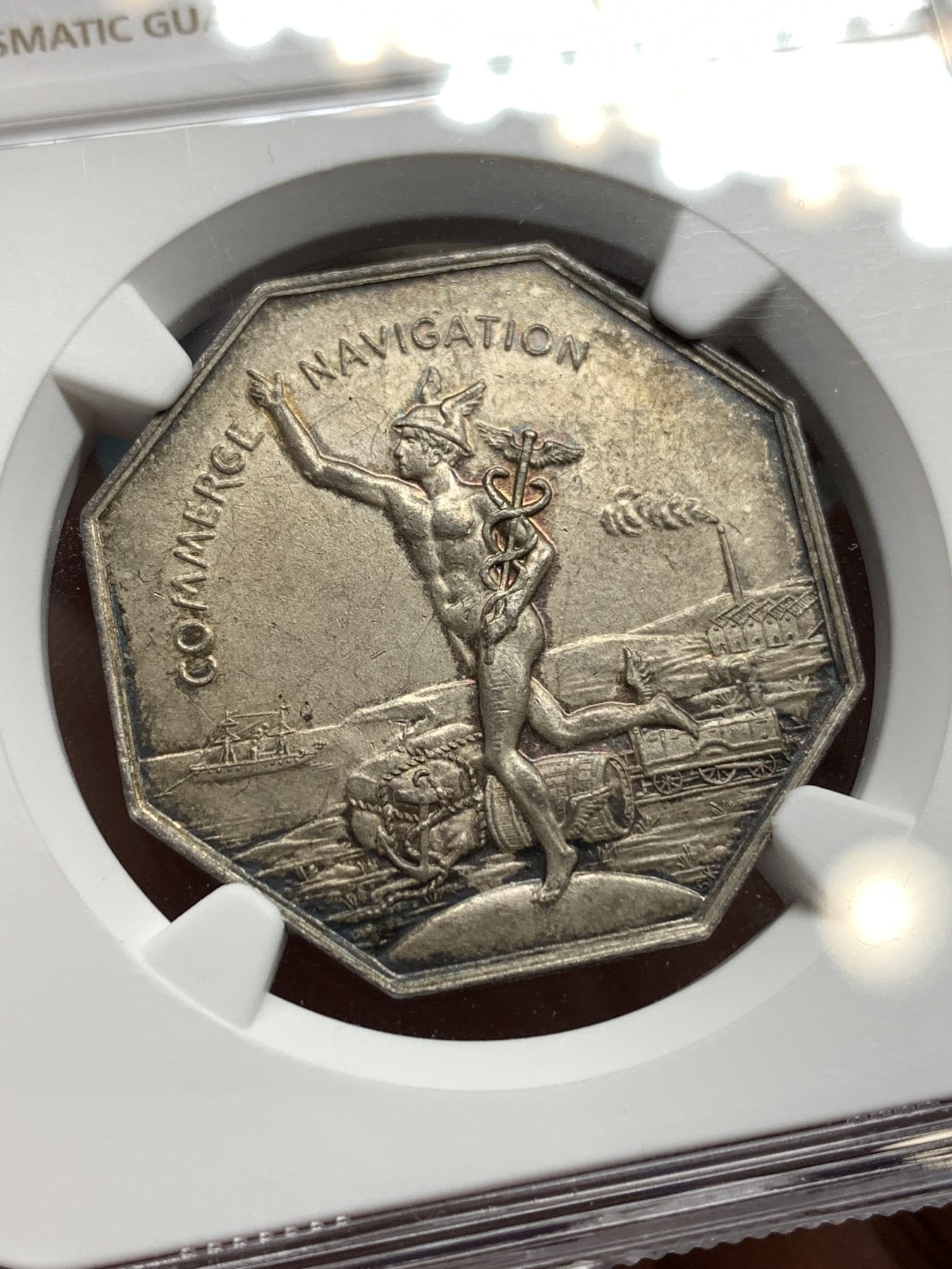 《竞宝斋》八角代币+章牌专场！第182场-周日，周一，周二 3场 (全场包邮) NGC-MS63 法国罗纳商会八角银质代币，奔跑的墨丘利