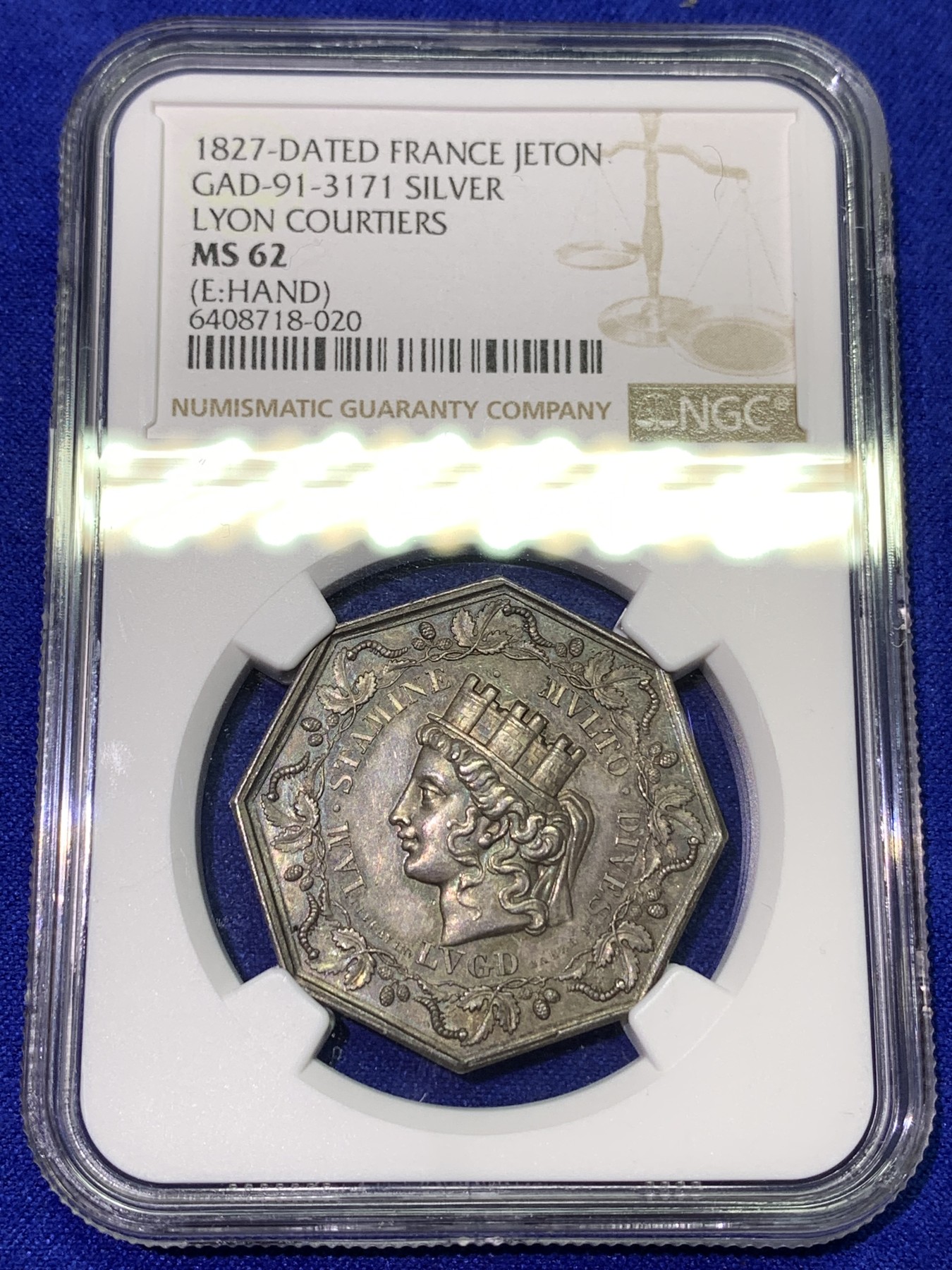 《竞宝斋》八角代币+章牌专场！第182场-周日，周一，周二 3场 (全场包邮) NGC-MS62 法国里昂丝绸经纪人JETON银质八角代币，此款好品较少，细节丰富