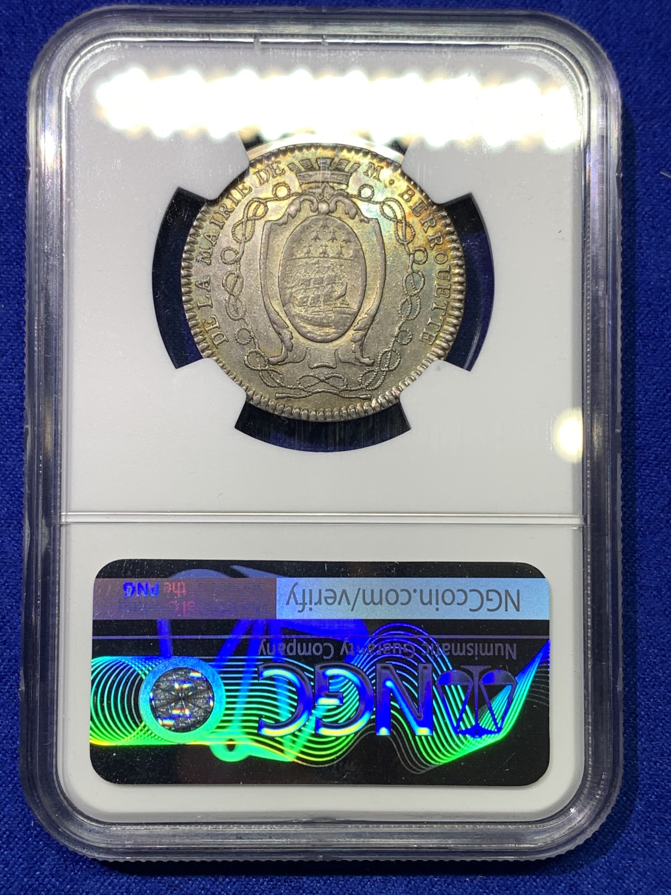 《竞宝斋》八角代币+章牌专场！第182场-周日，周一，周二 3场 (全场包邮) NGC AU53 法国南特1782年 双狮盾牌 银制JETON 好品五彩包浆