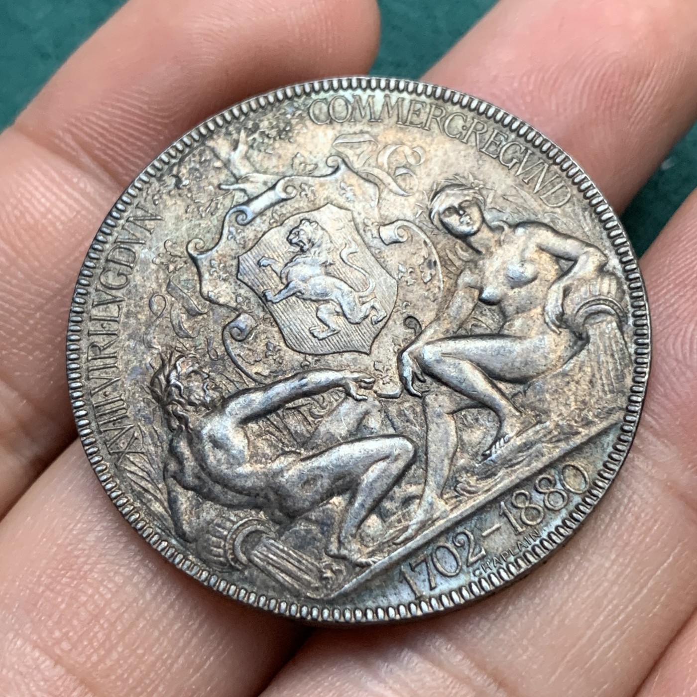 《竞宝斋》八角代币+章牌专场！第182场-周日，周一，周二 3场 (全场包邮) 法国里昂商会银质jeton，22.77g，37mm，丰饶角边铭，金黄油彩，细节丰富漂亮