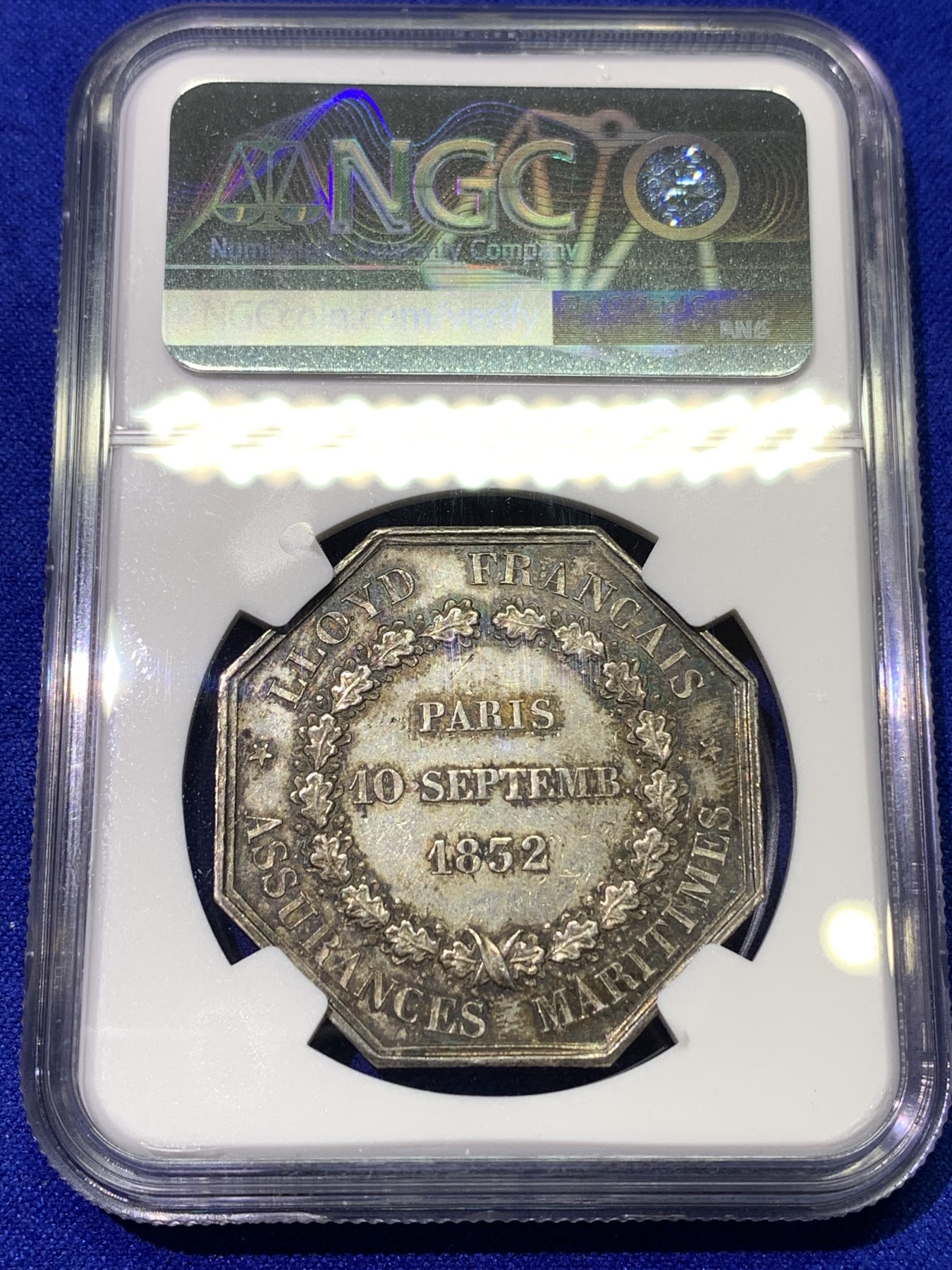 《竞宝斋》八角代币+章牌专场！第182场-周日，周一，周二 3场 (全场包邮) NGC MS62 法国 1833 银质八角代币  美女 战船 高卢雄鸡一个都没有少 细节好 包浆极美