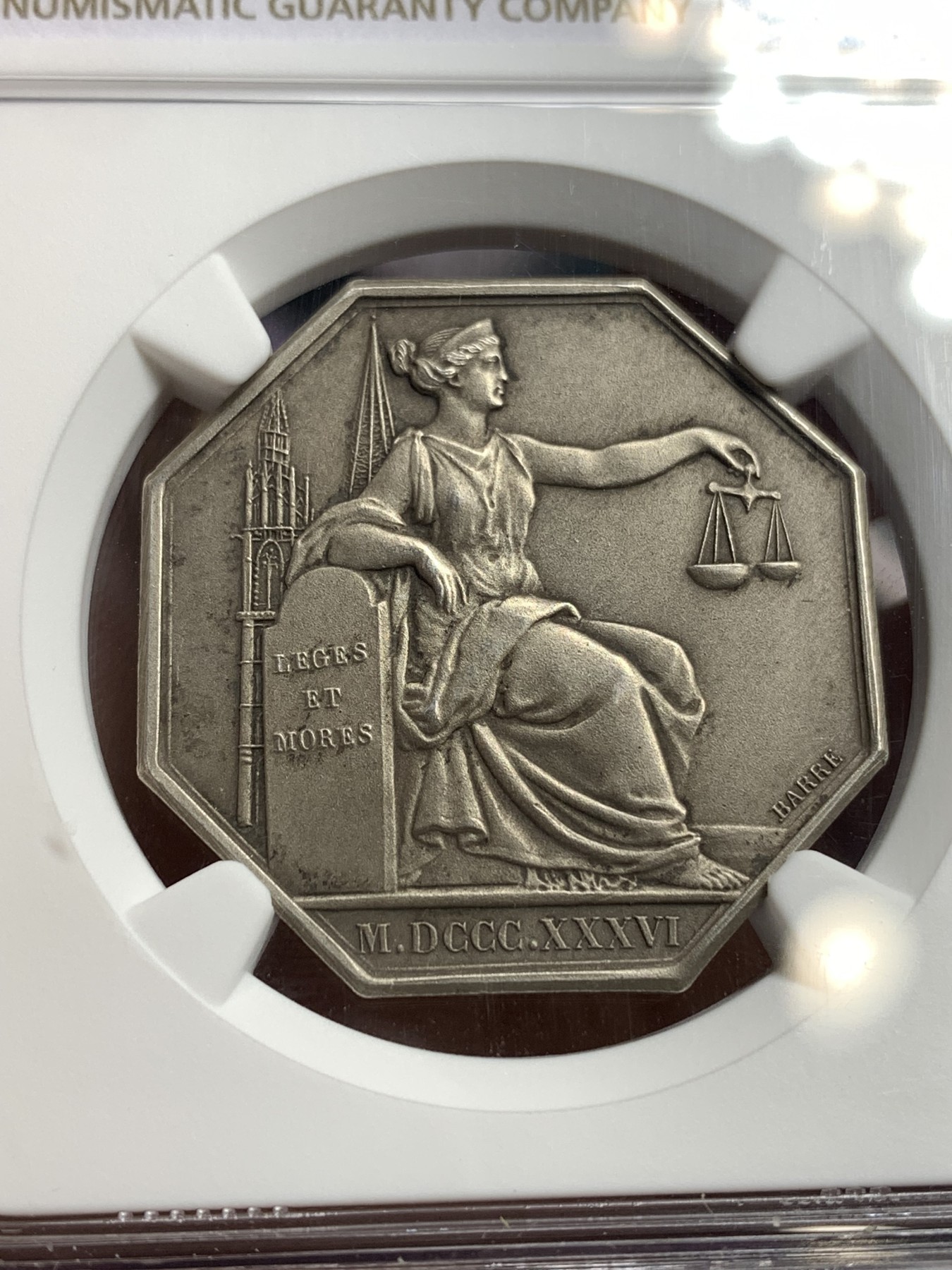 《竞宝斋》八角代币+章牌专场！第182场-周日，周一，周二 3场 (全场包邮) NGC-MS63 1836 法国 卢瓦尔公证处八角银章 磨砂质感非常不错