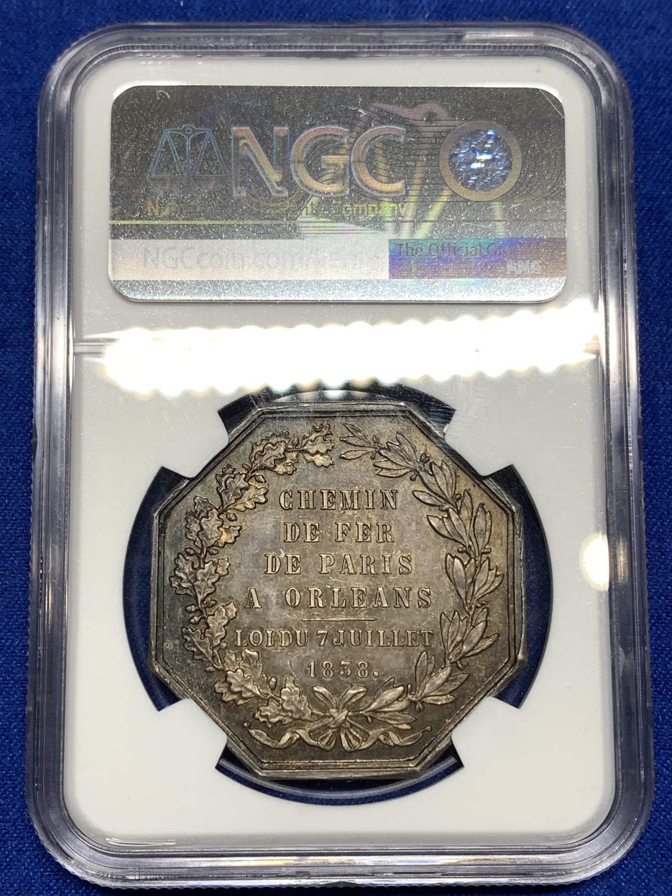 《竞宝斋》八角代币+章牌专场！第182场-周日，周一，周二 3场 (全场包邮) NGC-MS61 法国巴黎奥尔良铁路通车纪念八角银质代币，名家Bovy作品