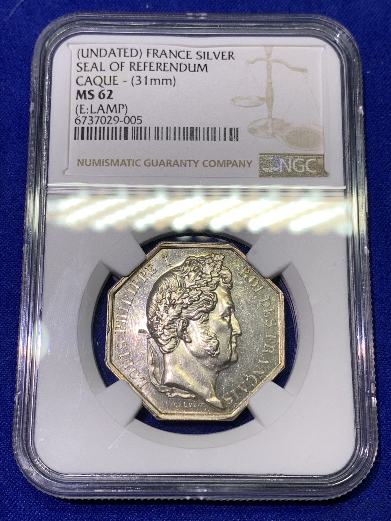 《竞宝斋》八角代币+章牌专场！第182场-周日，周一，周二 3场 (全场包邮) NGC MS62 法国 法兰西 菲利普像 银质八角代币 少见品种 盔甲细腻